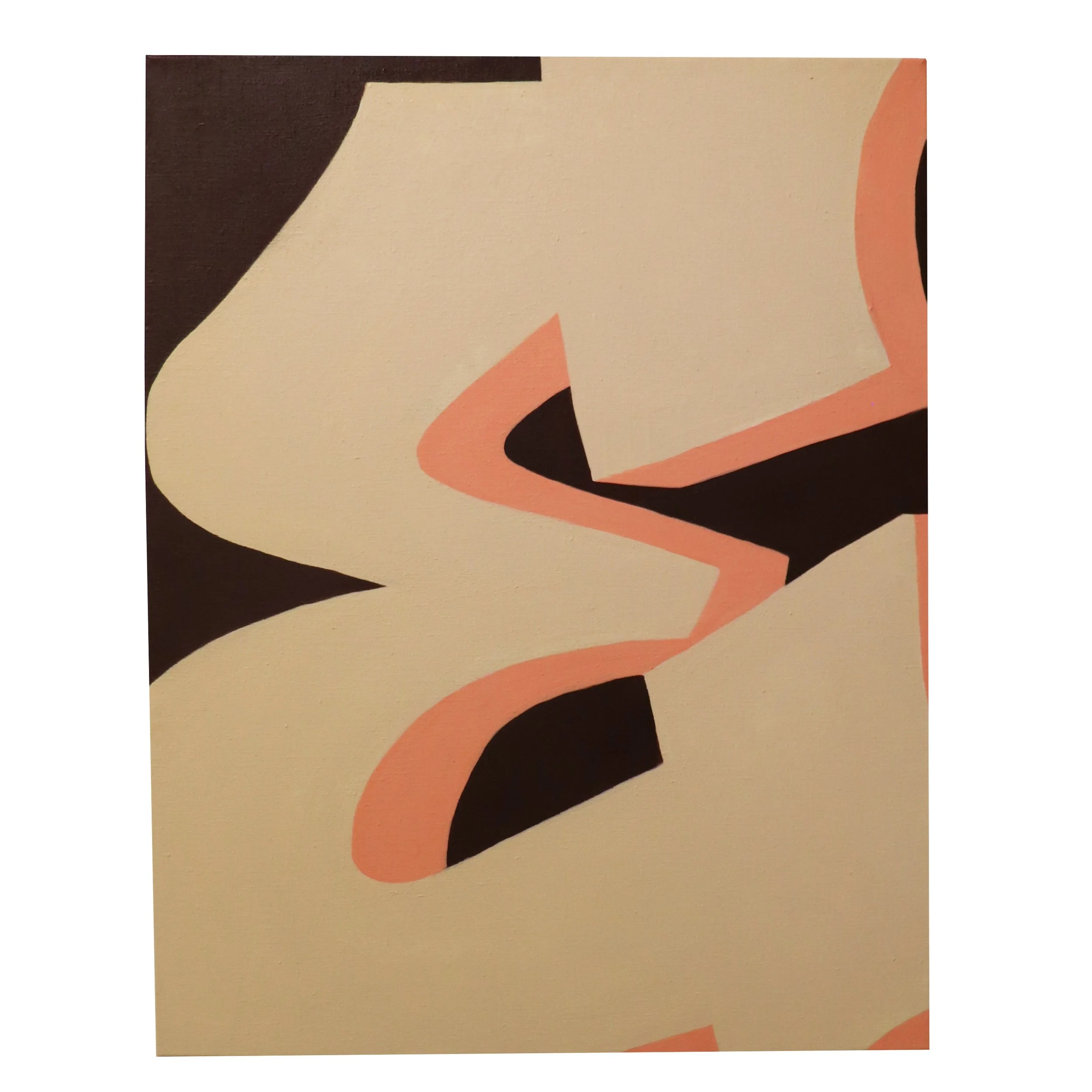Abstract artwork featuring curved black, beige, pink, and peach shapes on a beige background.