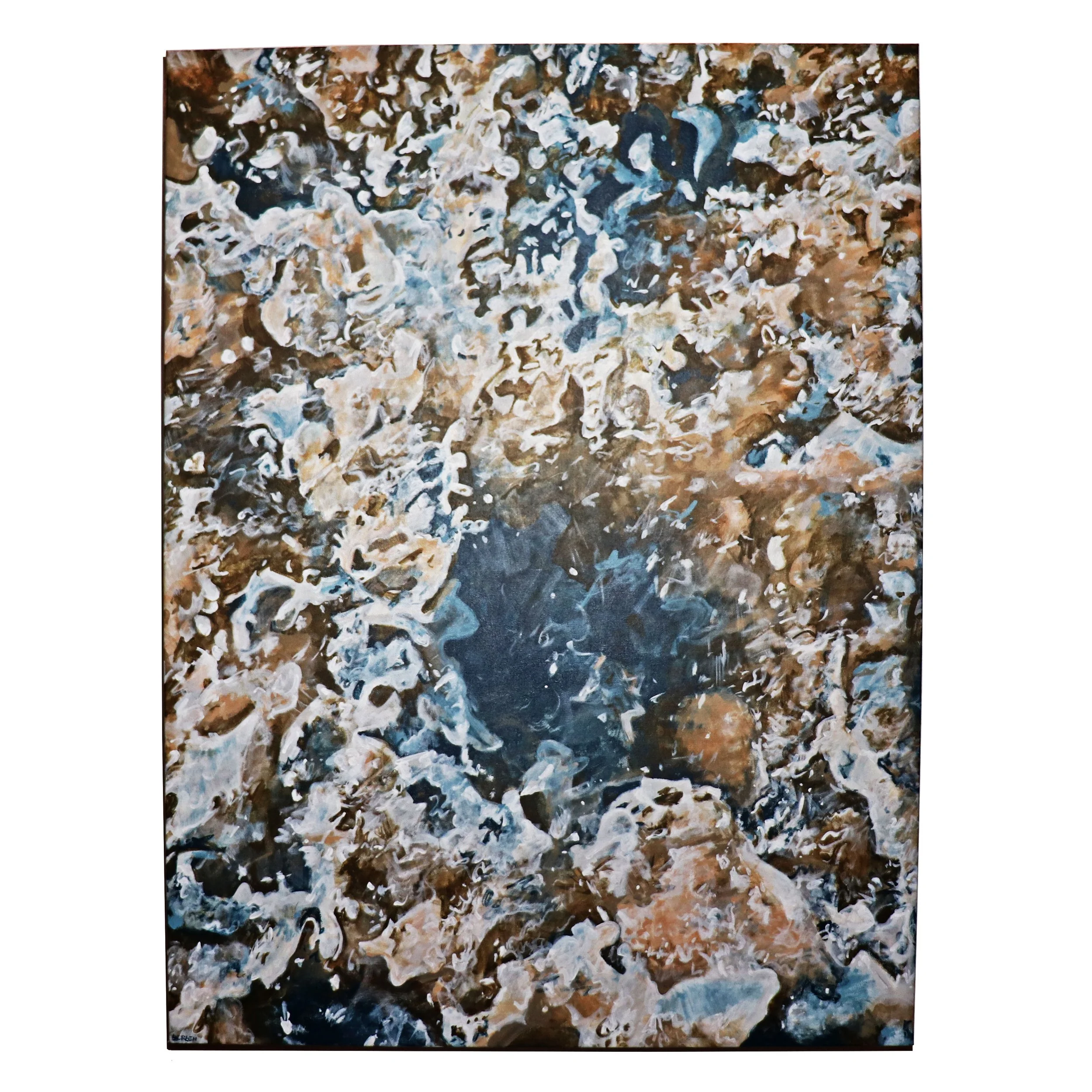 Abstract painting with swirling patterns of brown, black, white, and blue colors.