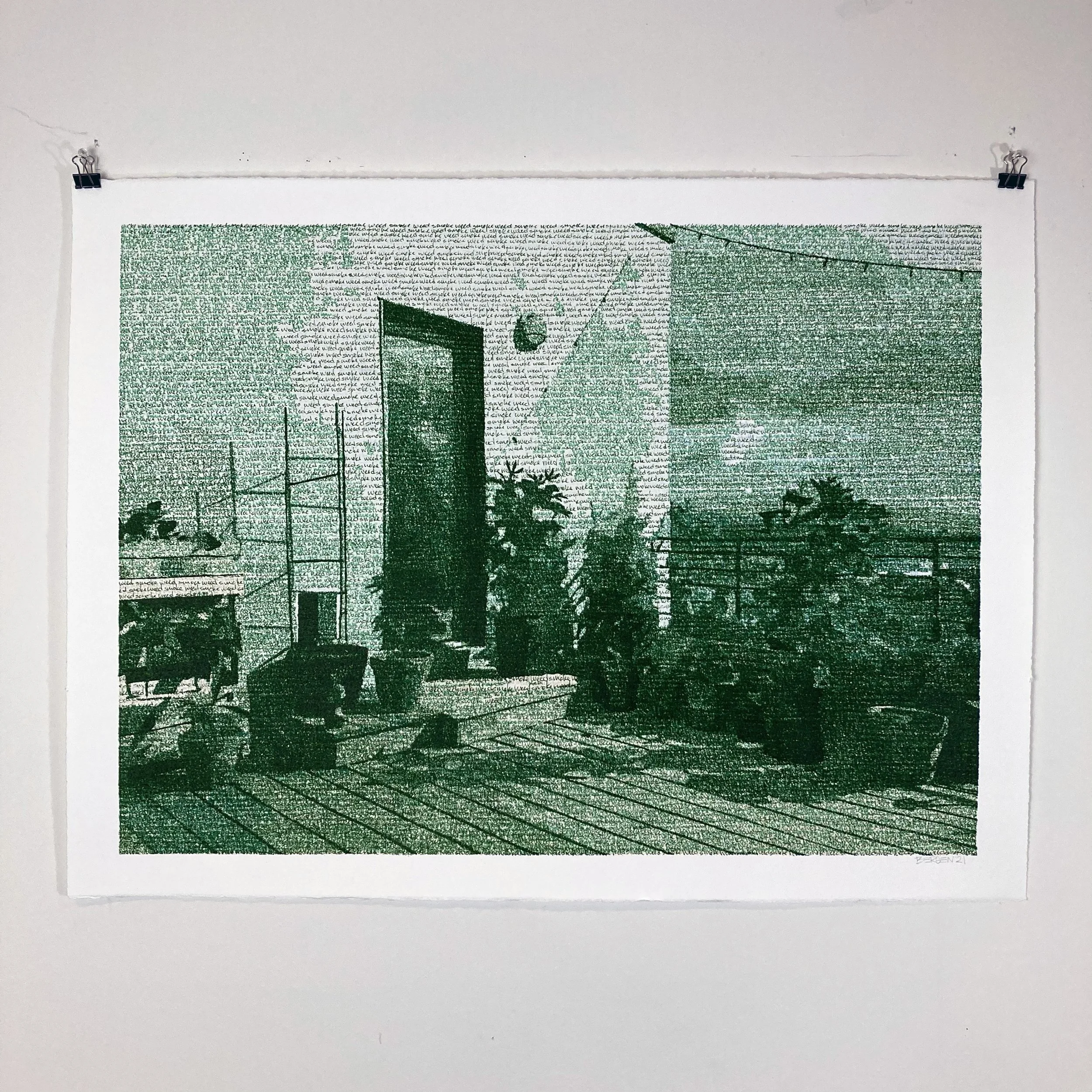 A detailed illustration of a cityscape with buildings, trees, and power lines depicted in a print style using densely packed handwritten or typed text in shades of green and black.