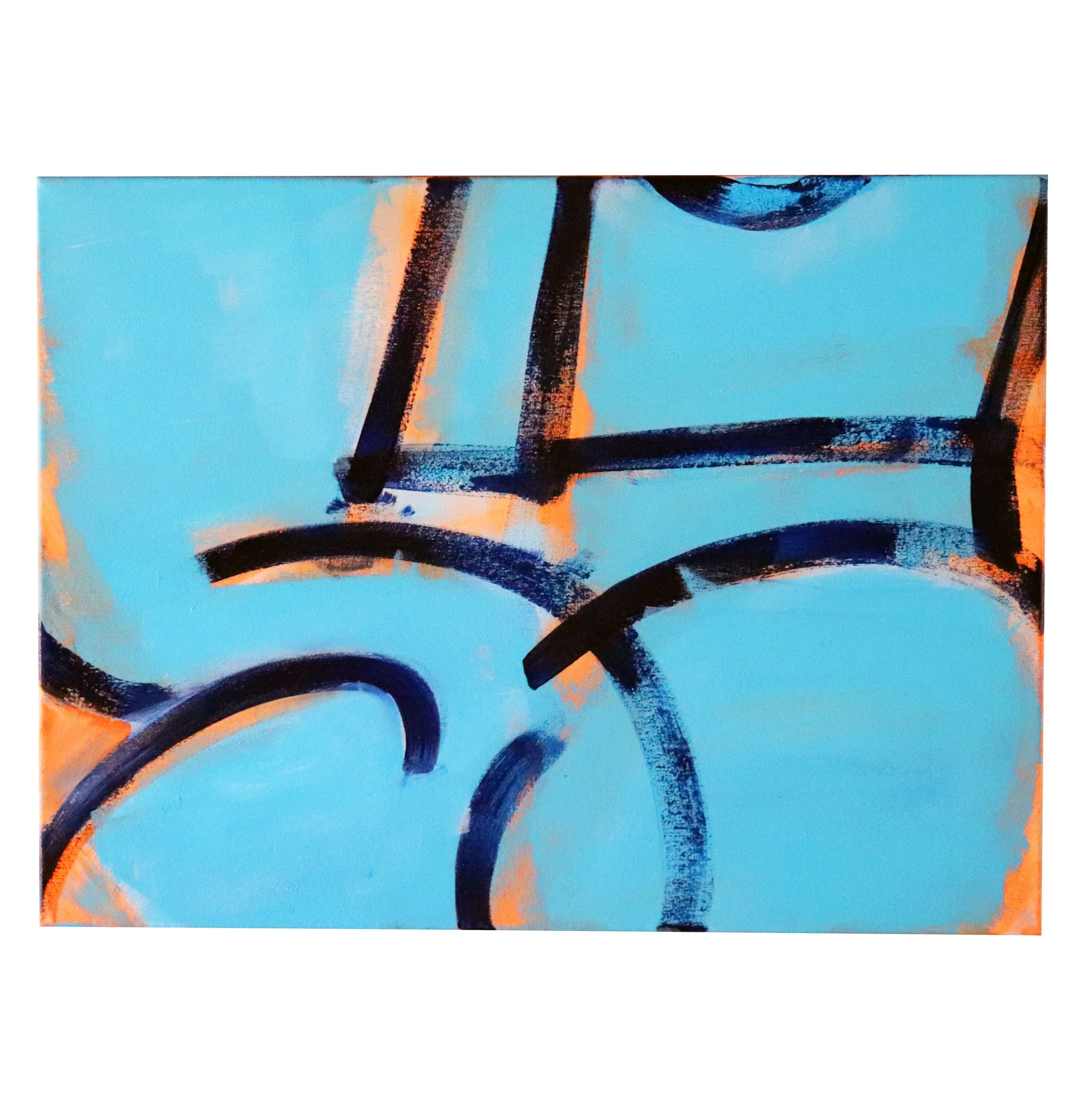 Close-up of an abstract painting featuring bold black, blue, and orange brushstrokes on a light blue background.