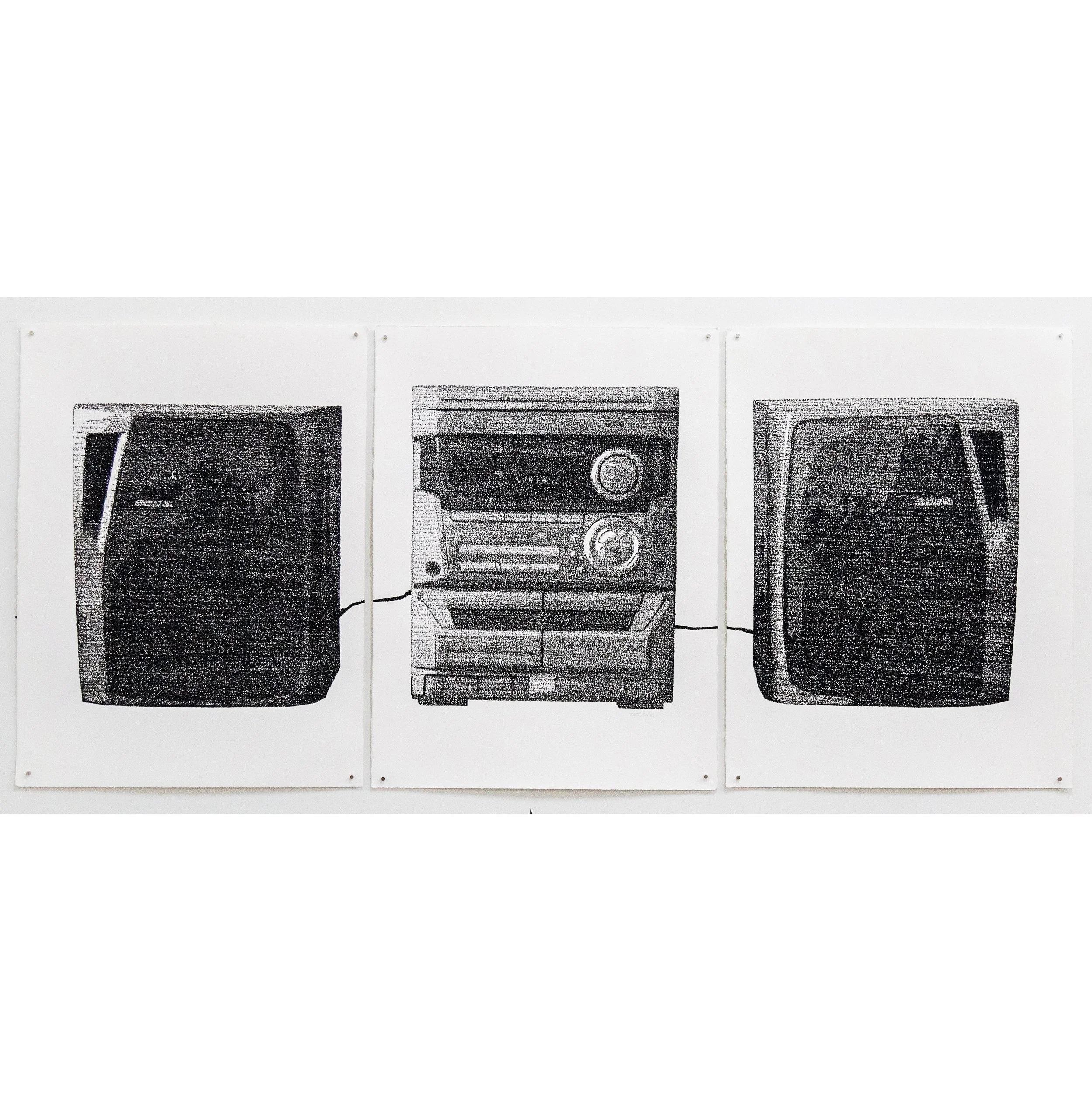 Three black and white images of vintage radios displayed on a white wall.