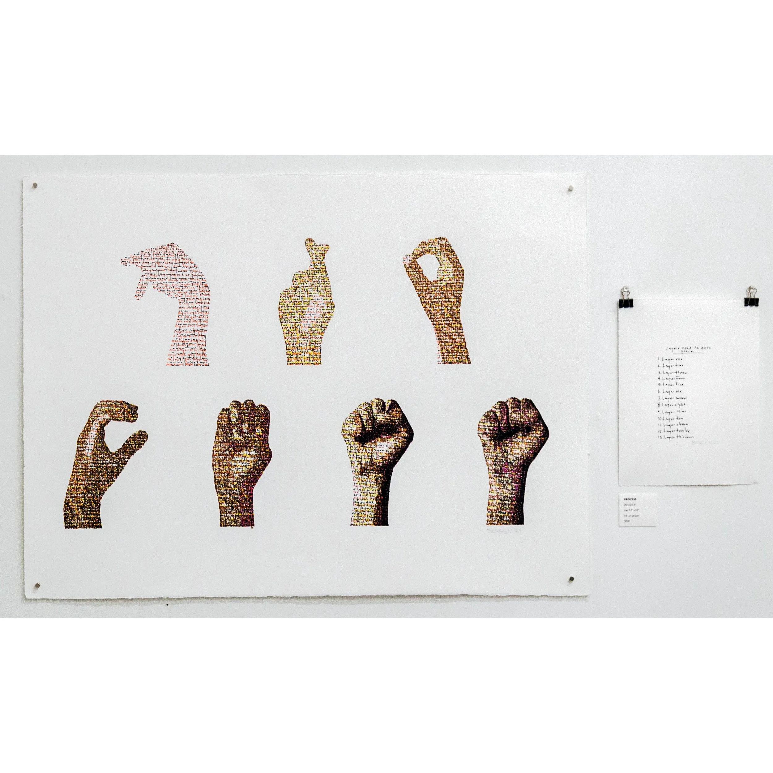 Poster of six stylized hands in different colors, each showing a different gesture, on a white background.