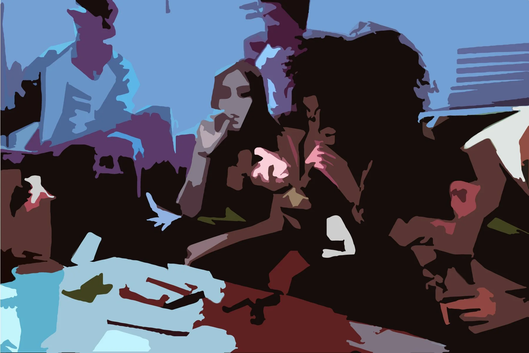 Digital art depiction of four people engaged in a discussion around a table, with various objects including cups, papers, and a tablet.