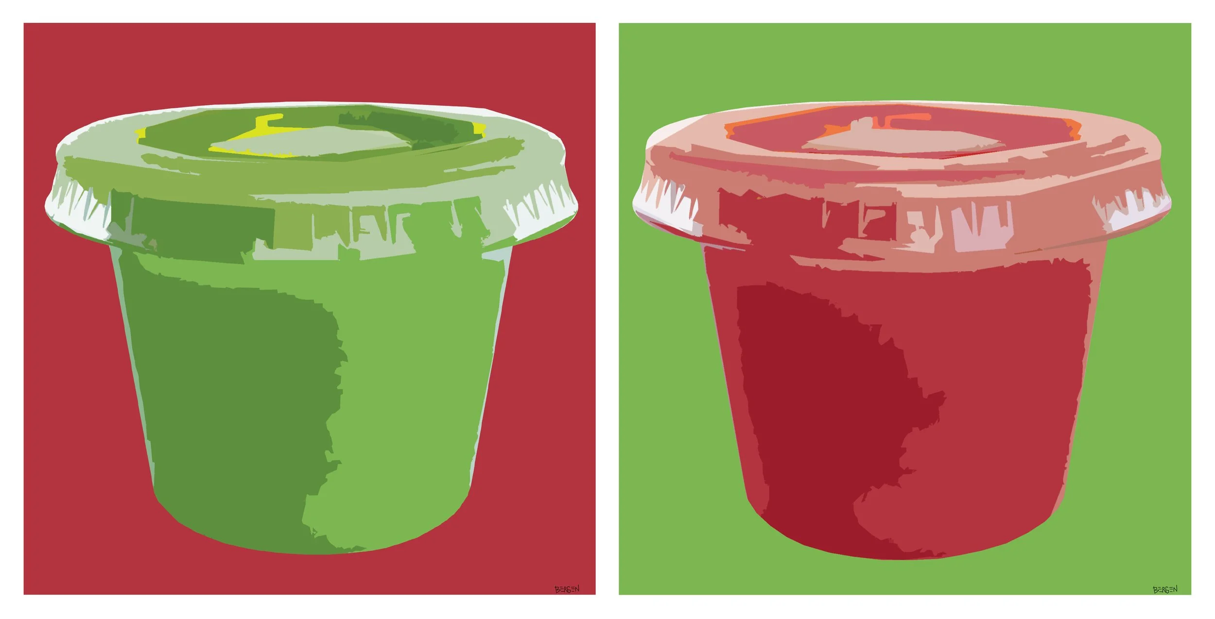 Digital artwork of two soda cups, one green on the left with a green background and one red on the right with a green background, both in a pop art style.