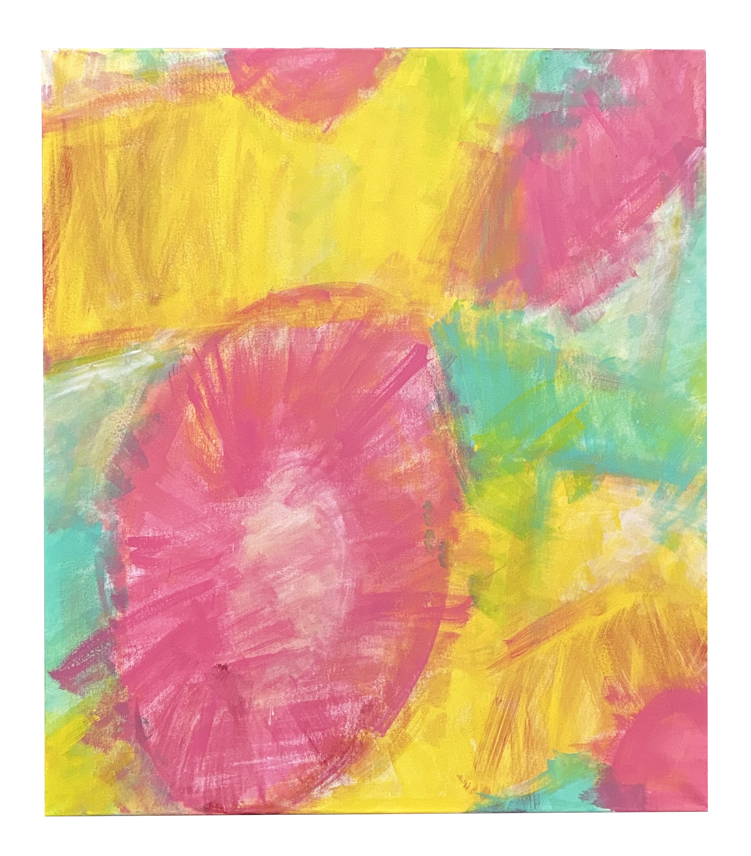 Abstract watercolor painting with vibrant shades of yellow, pink, orange, green, and blue blending together.