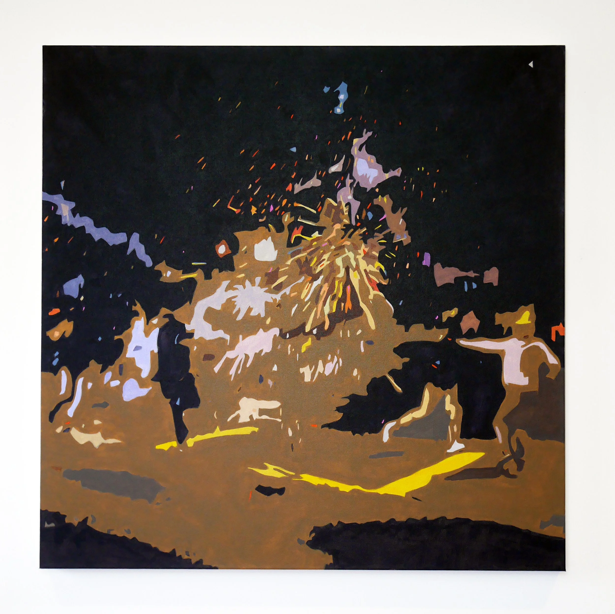Abstract painting of a volcanic eruption with dark smoky background, bright orange and yellow lava, and colorful ash and sparks.