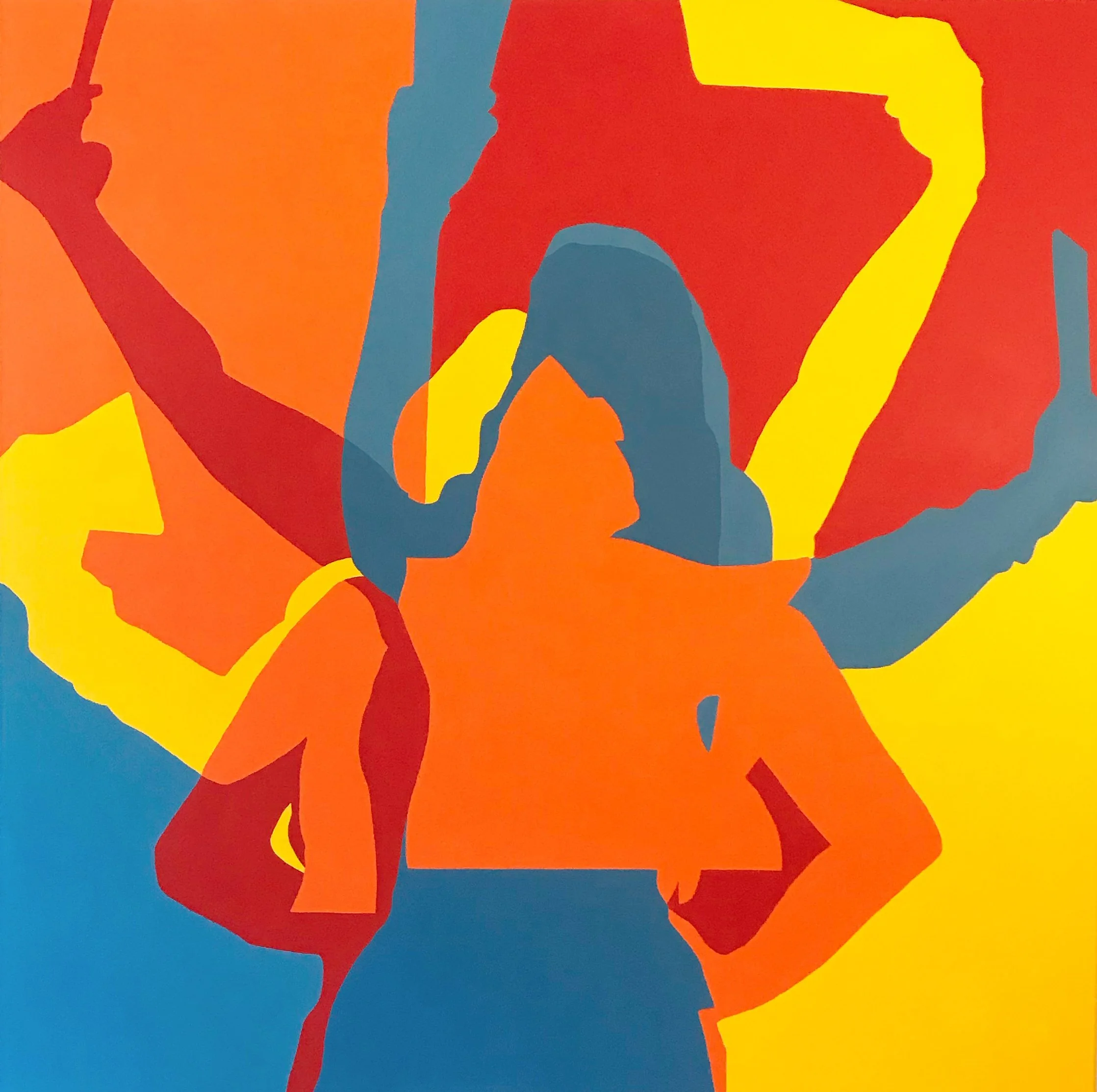 Abstract artwork with large, overlapping shapes in blue, red, orange, and yellow colors.
