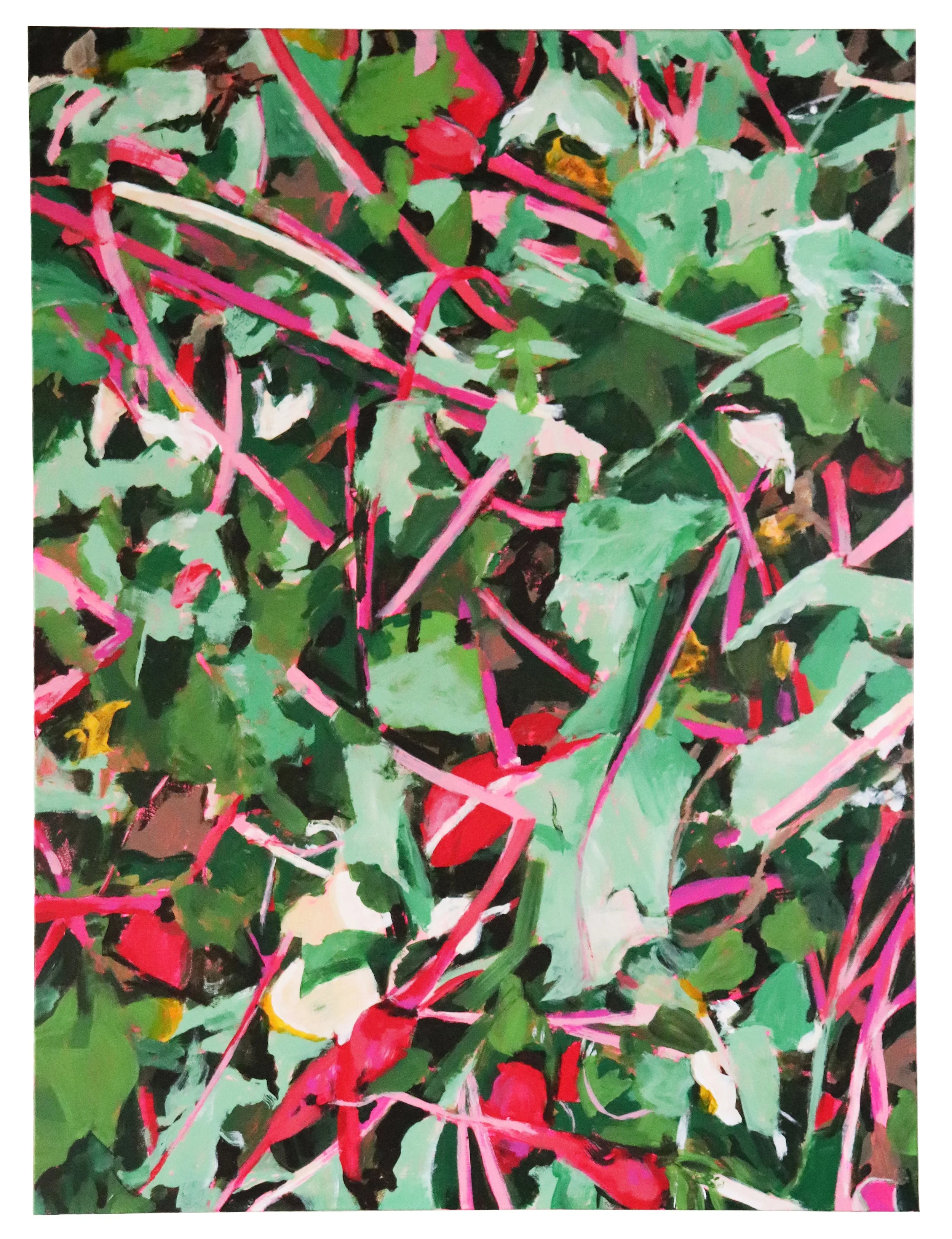 An abstract painting of green leaves and pink branches with black, white, and yellow accents.