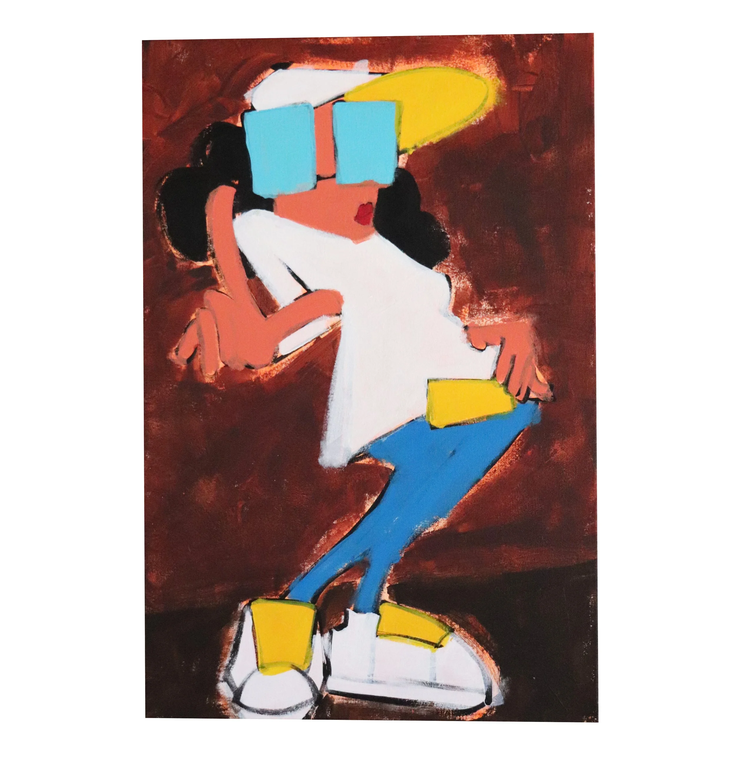 An abstract painting of a woman with dark hair, wearing a white dress, holding a yellow book, with a burnt orange background.