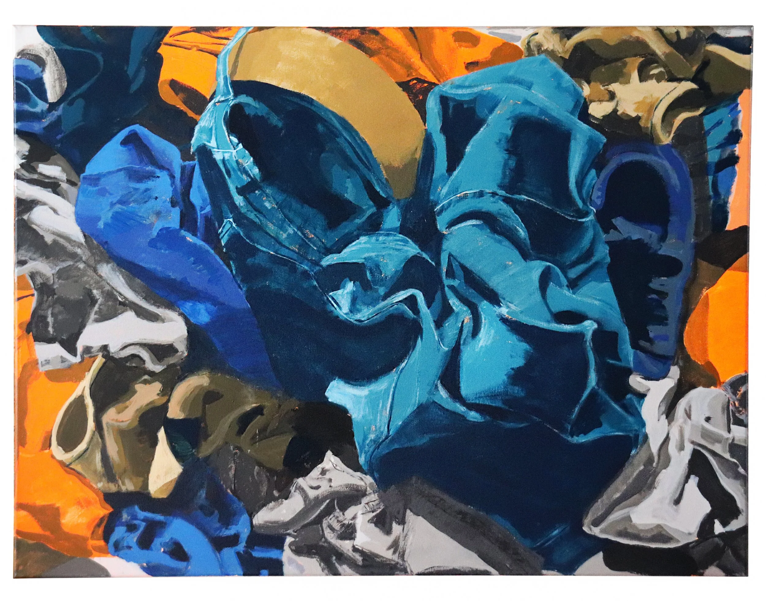Abstract colorful painting with shades of blue, black, orange, beige, and gray.