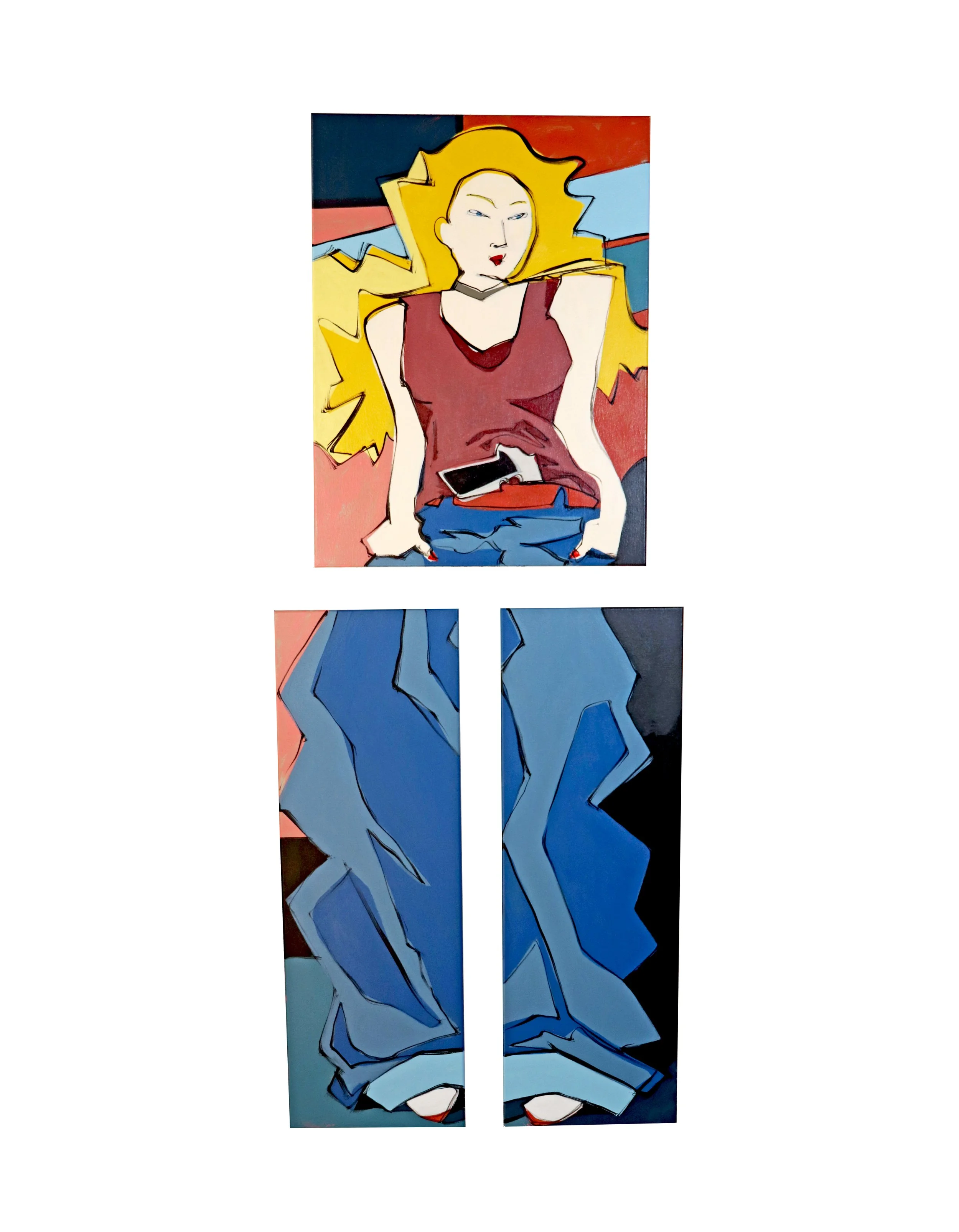 A colorful abstract painting of a woman with yellow hair, wearing a red top and blue pants, holding a smartphone, with a multicolored background.