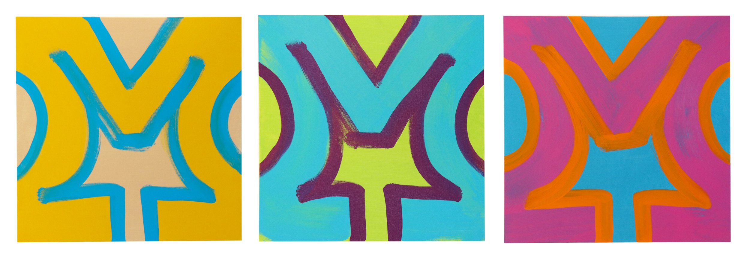 Three abstract paintings featuring large, bold X-shaped designs in different vibrant color schemes.