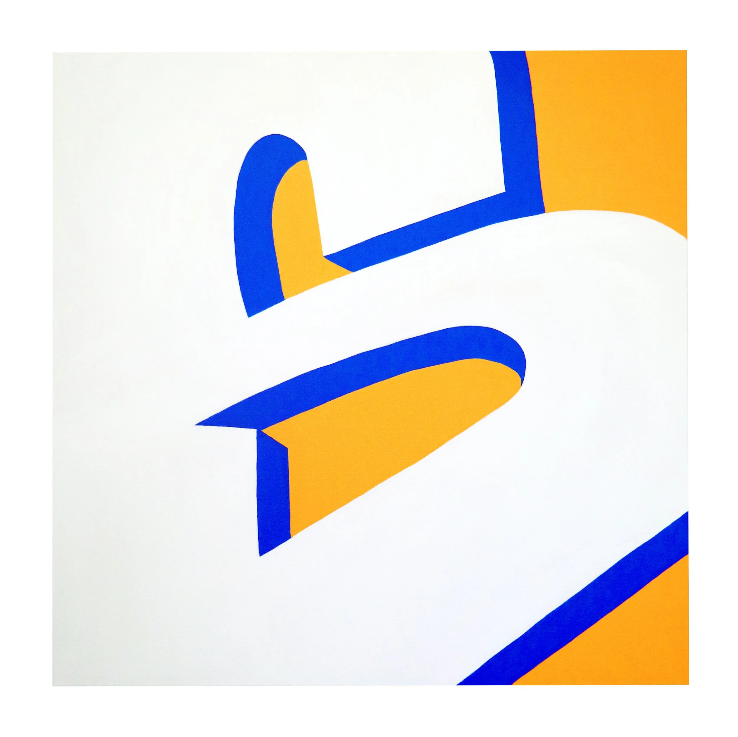 Close-up of an abstract artwork with bold blue and yellow shapes on a white background.