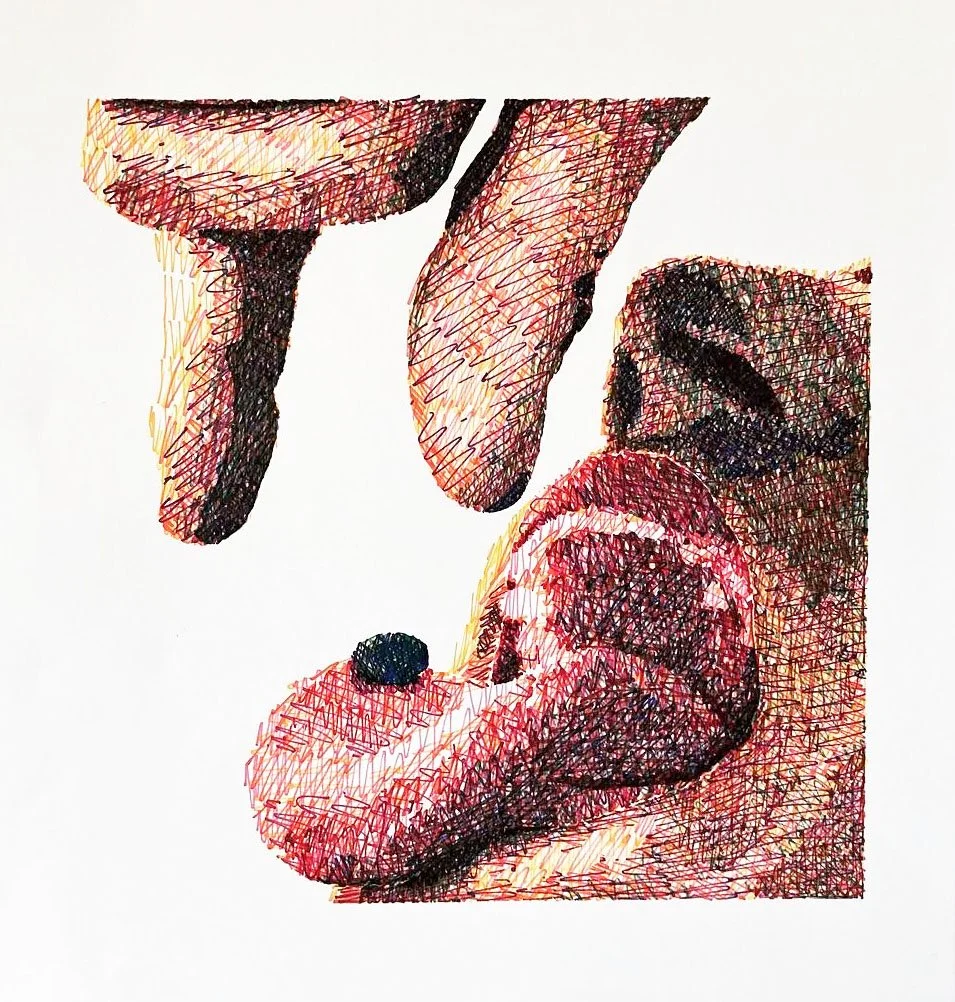 A colorful, cross-hatched drawing of a dog licking a person's face, with a woman holding her face and the dog touching her cheek.