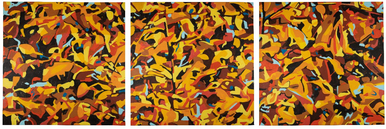 Triptych of abstract autumn leaves in yellow, orange, red, black, and blue colors.