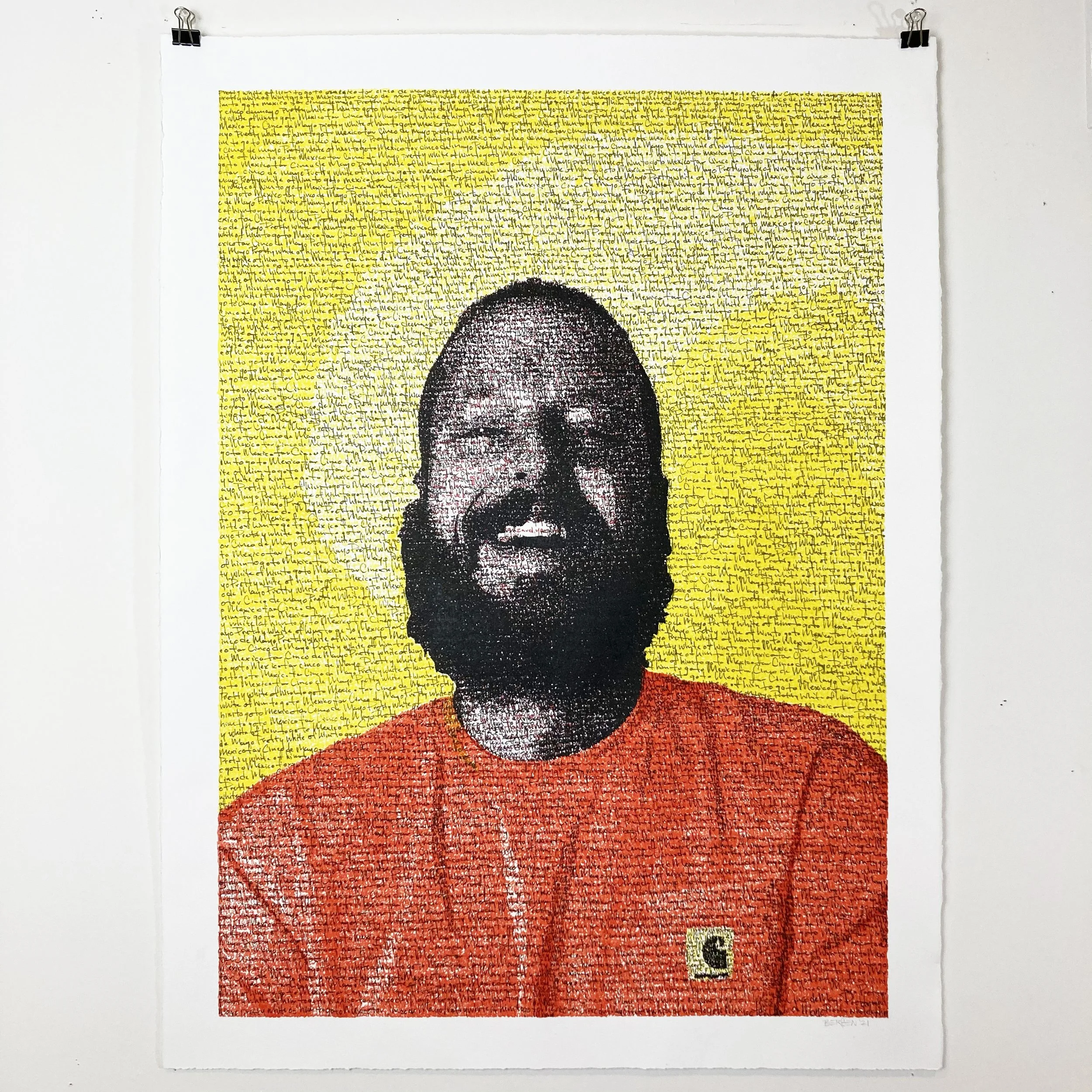 A pixel art portrait of a person with short hair wearing an orange shirt, created with handwritten text on a white background.