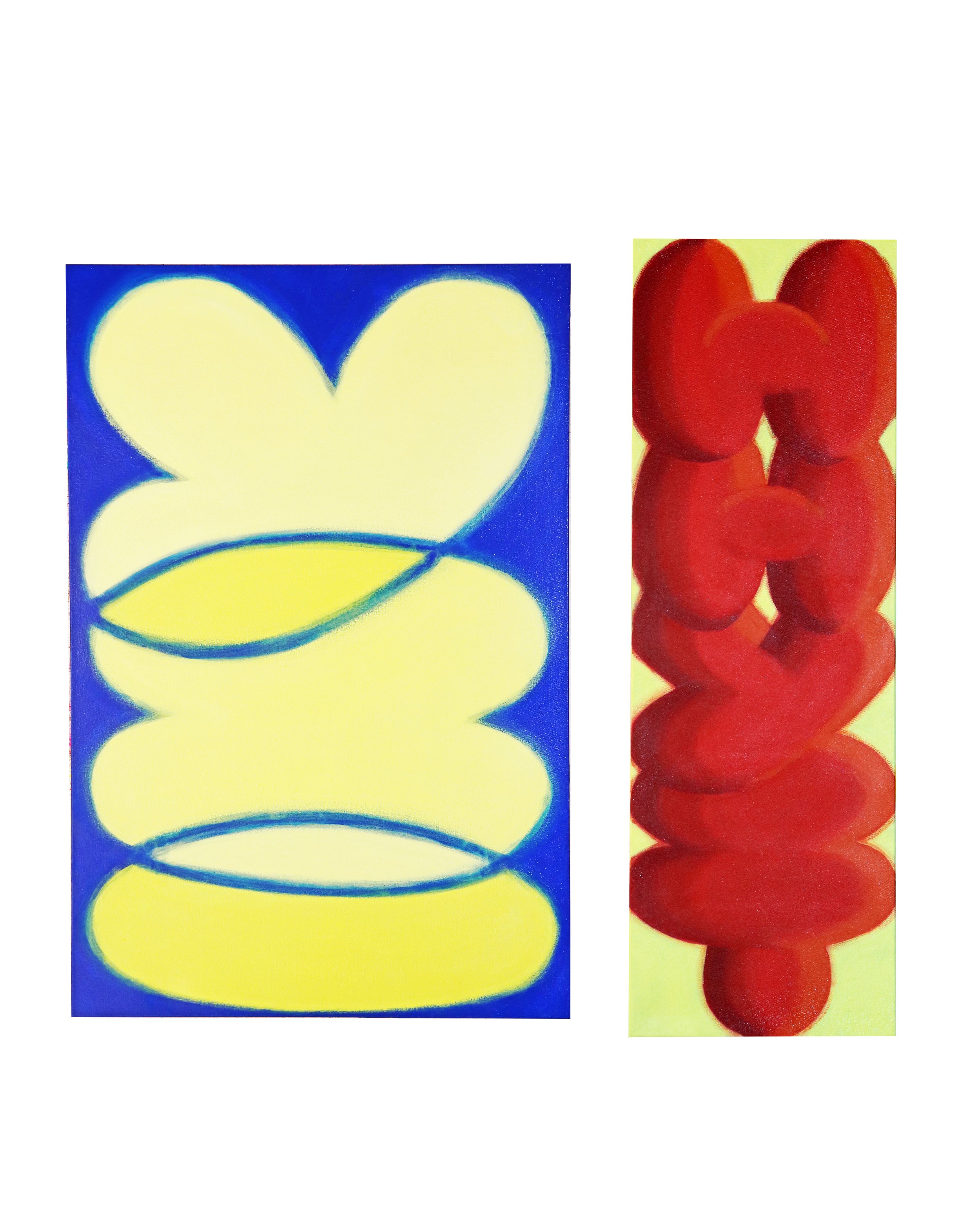 Two abstract artworks featuring colorful shapes and patterns. The left piece has a yellow background with a large dark blue shape outlined in bright blue, resembling a stylized butterfly or flower. The right piece has a light yellow-green background with a vertical red shape composed of multiple rounded, overlapping forms.