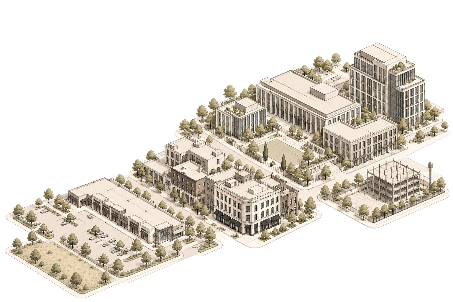 A detailed architectural drawing of how a piece of land can transform into something more dense