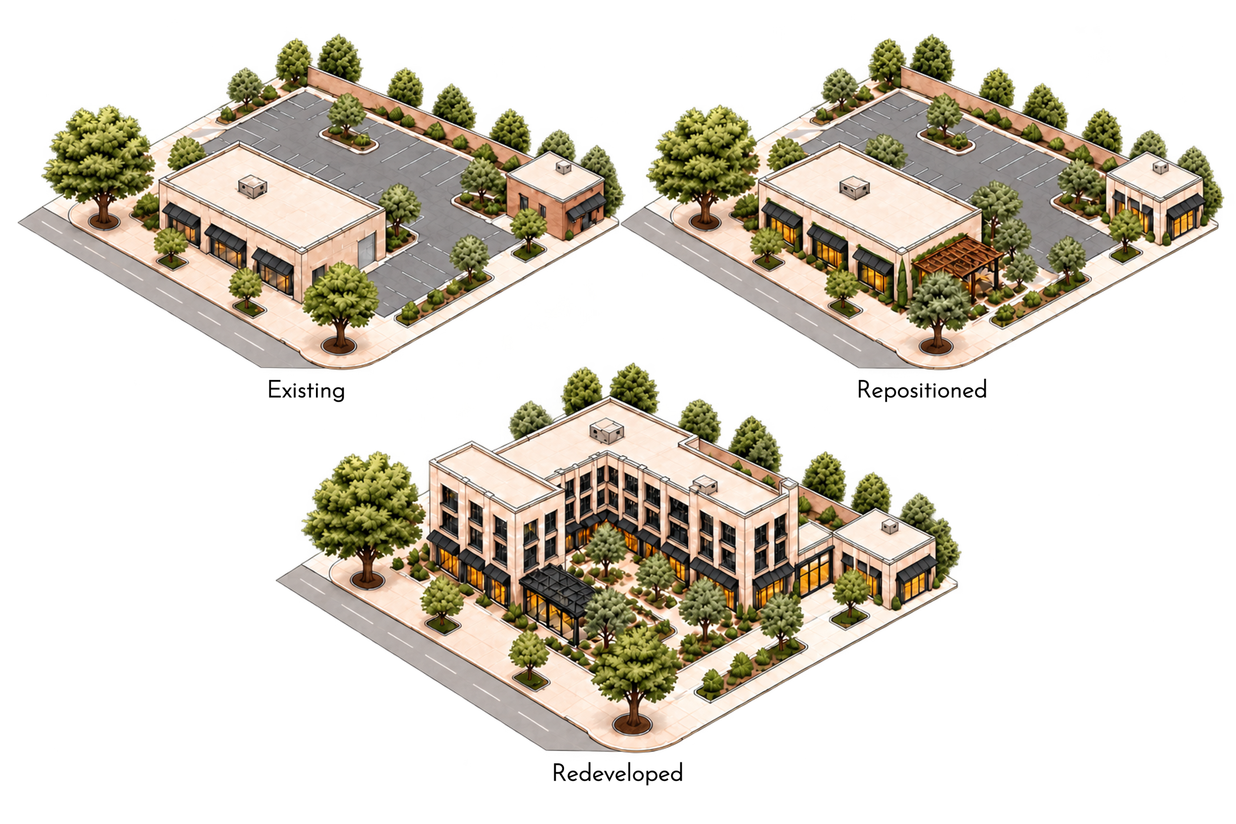 Visual representation of an 'existing' property, a 'repositioning' and finally a 'redevelopment'. Same piece of land with three separate options.