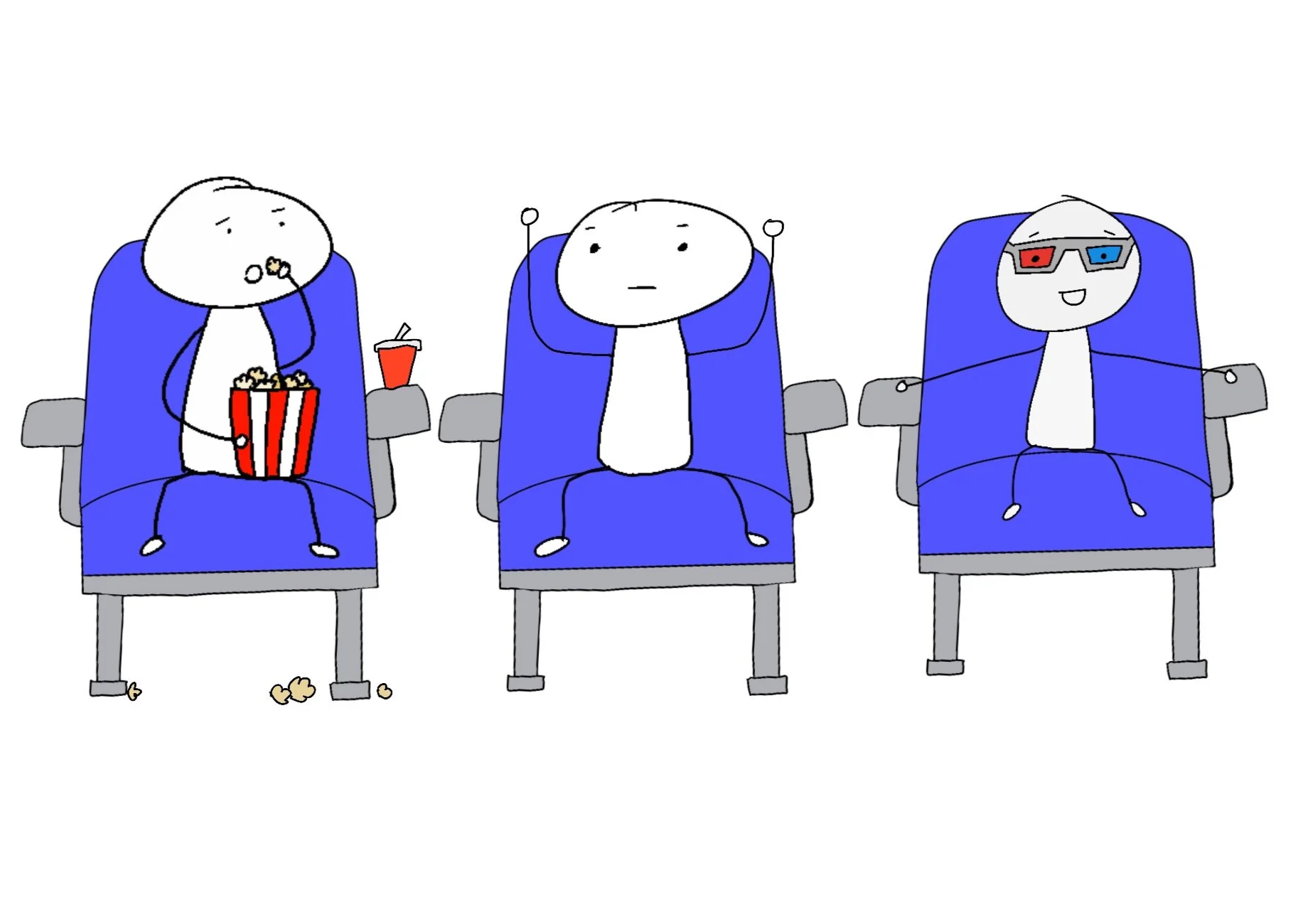 Three cartoon characters sitting in movie theater seats, with one eating popcorn, one analyzing with headphones, and one wearing 3D glasses and smiling.
