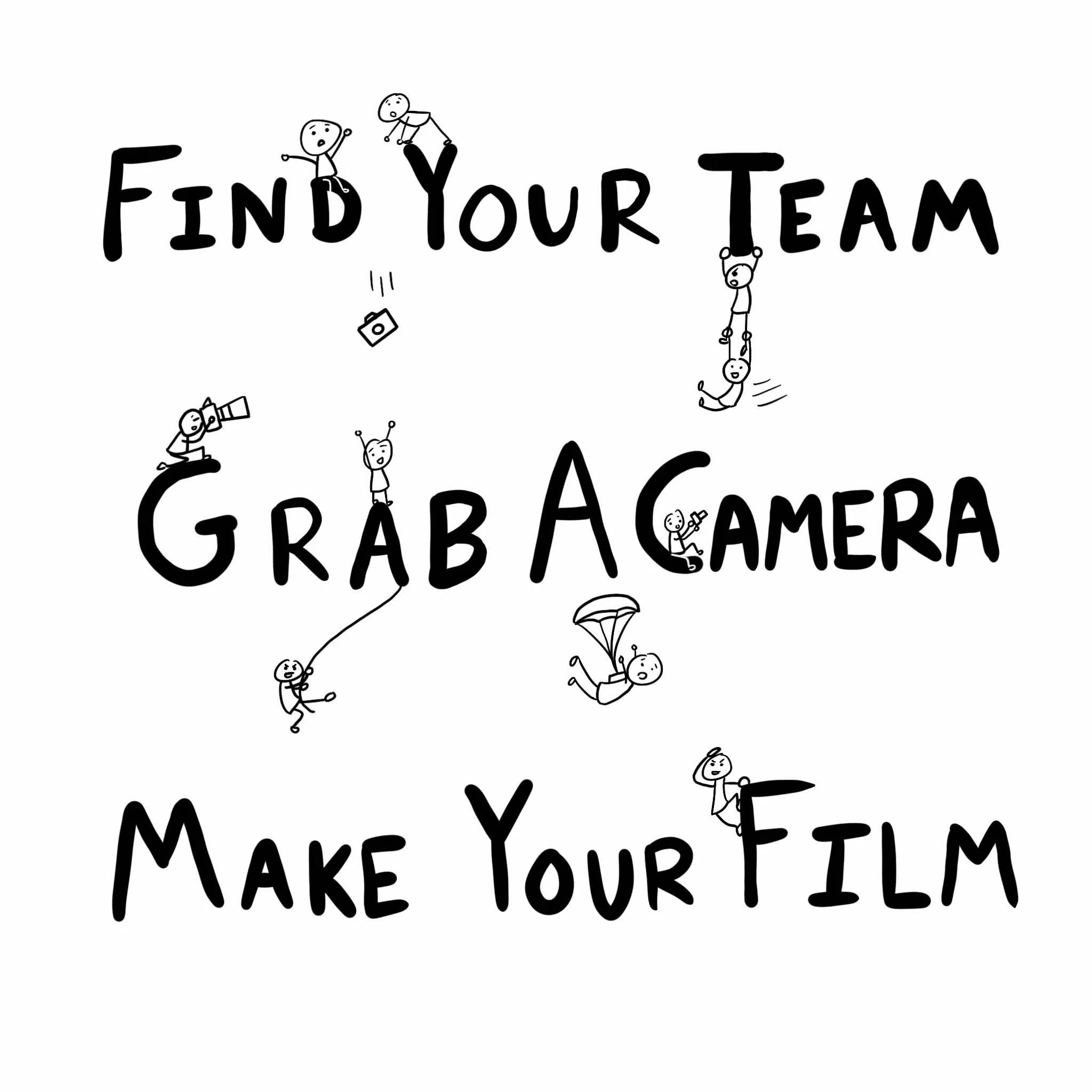 Decorative black text reading 'Find Your Team' and 'Make Your Team' with small, playful stick-figure children engaging in activities around the words, some holding balloons, camera, or flying a kite.
