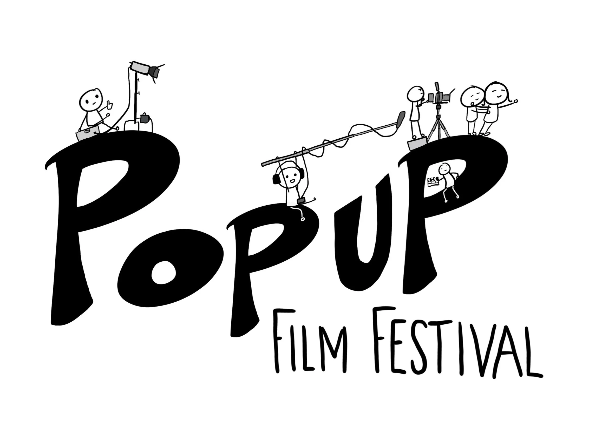 Illustration of the words 'Film Festival' with characters on and around the letter 'P' engaging in filming activities, such as operating a camera and holding a clapperboard.