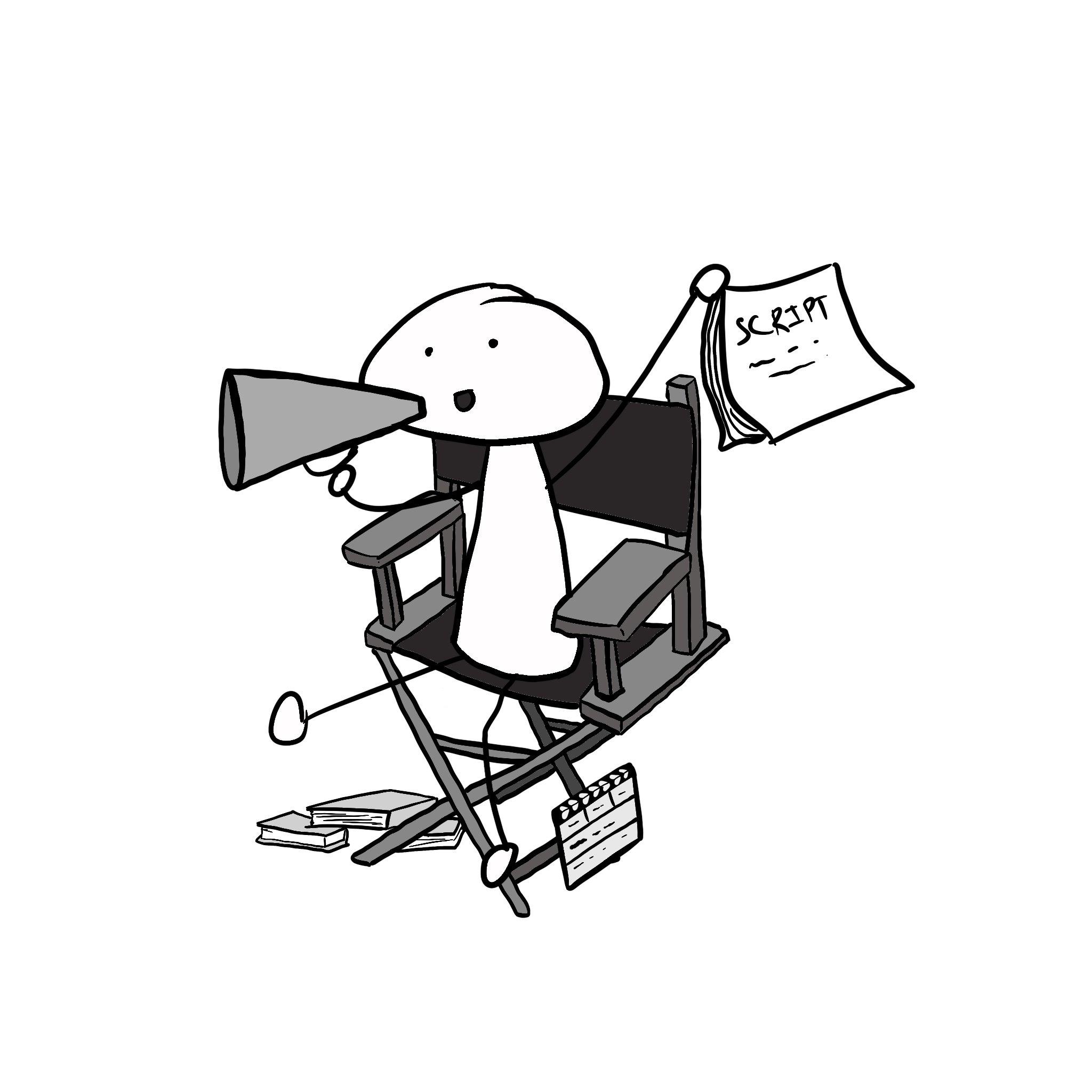 A cartoon character sitting on a wooden bench, working on a computer with a script in hand, surrounded by books, papers, and a printer, indicating a busy work or study environment.