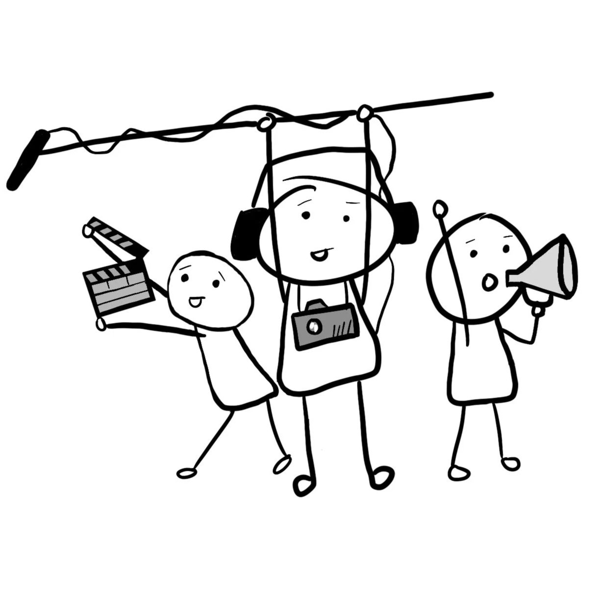 Black-and-white drawing of three children on a film set with a boom mic, clapboard, and megaphone, suggesting a movie production scene.