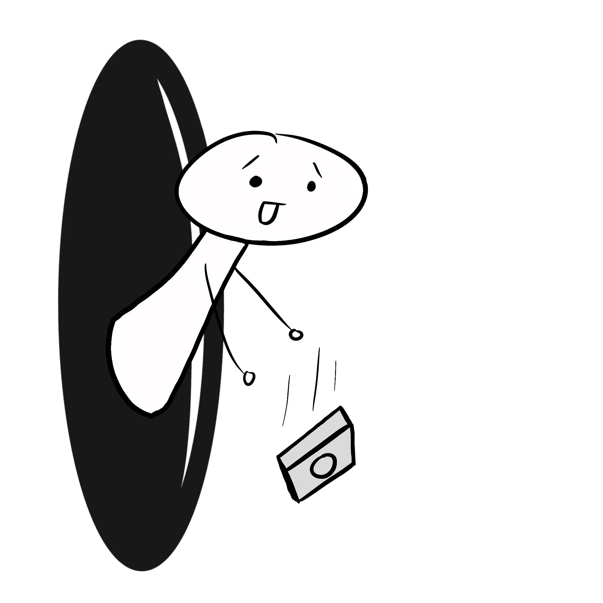 Black and white line drawing of a person’s upper body with a large black speech bubble next to their head. The person appears to have a happy expression, with their tongue sticking out slightly, and they are holding a box or container in one hand with a circular symbol on it.