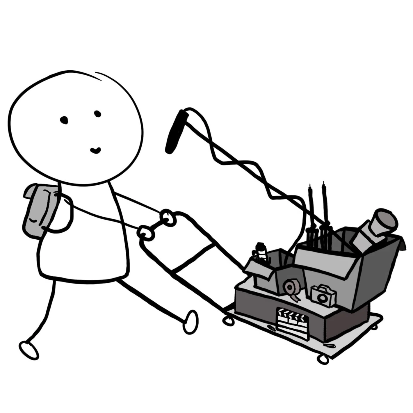 A simple black and white drawing of a person with a backpack, pushing a cart filled with camera and film equipment.