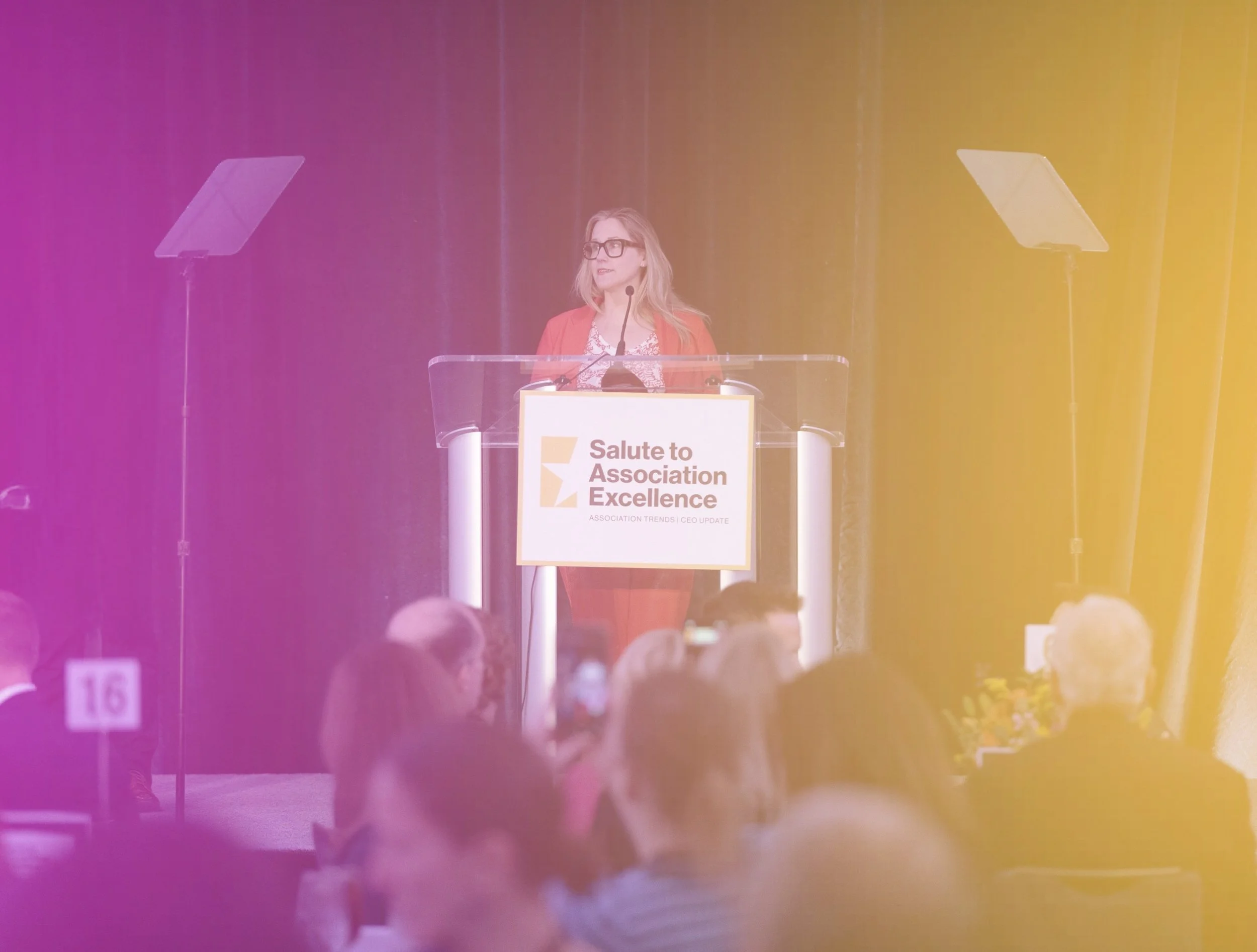 A woman with glasses and blonde hair speaking at a podium during an event titled 'Salute to Association Excellence.'