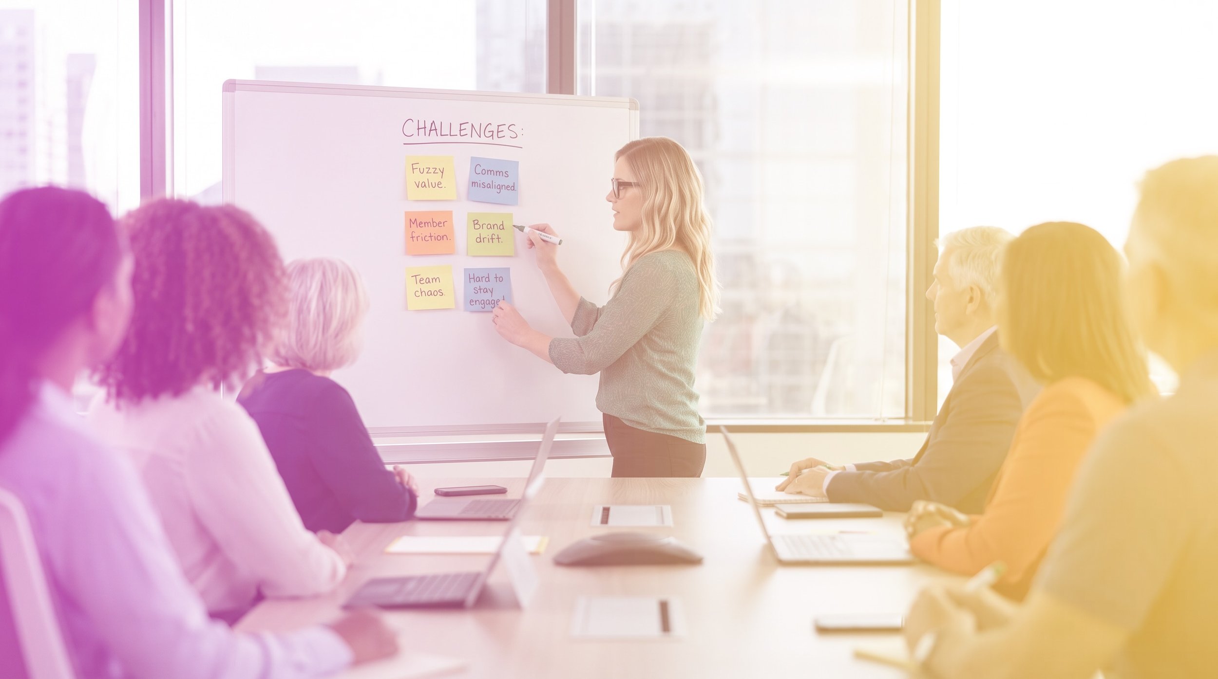 A woman is giving a presentation in a conference room with a whiteboard that has various notes and challenges written on it. She is writing or pointing at the whiteboard, while a group of people in front of her are seated and listening attentively.