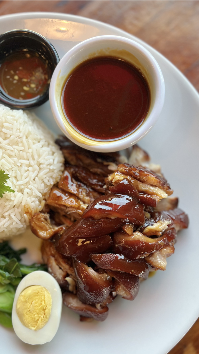 Plate of Asian cuisine including rice, sliced roasted chicken with teriyaki sauce, half boiled egg, and dipping sauces.