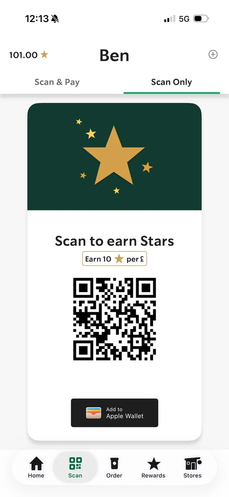 Mobile app screen showing a QR code for earning stars, with a gold star graphic, the name 'Ben', and navigation icons at the bottom.