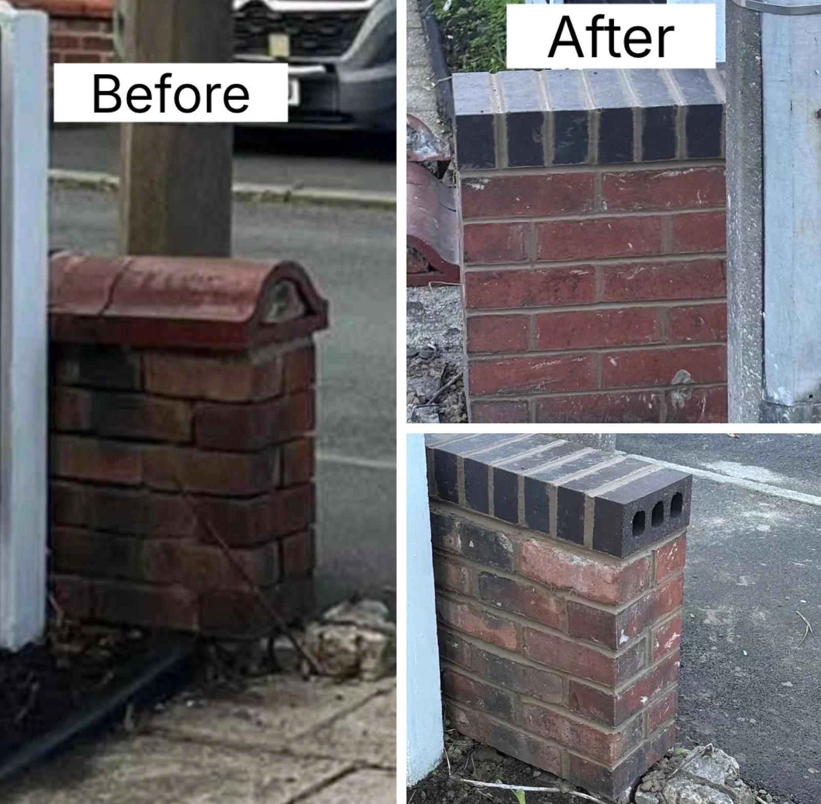 Comparison of a brick column before and after renovation. The left shows an old, worn-out brick column with damaged bricks and uneven mortar. The right shows the same column repaired and cleaned, with new bricks and a fresh finish.