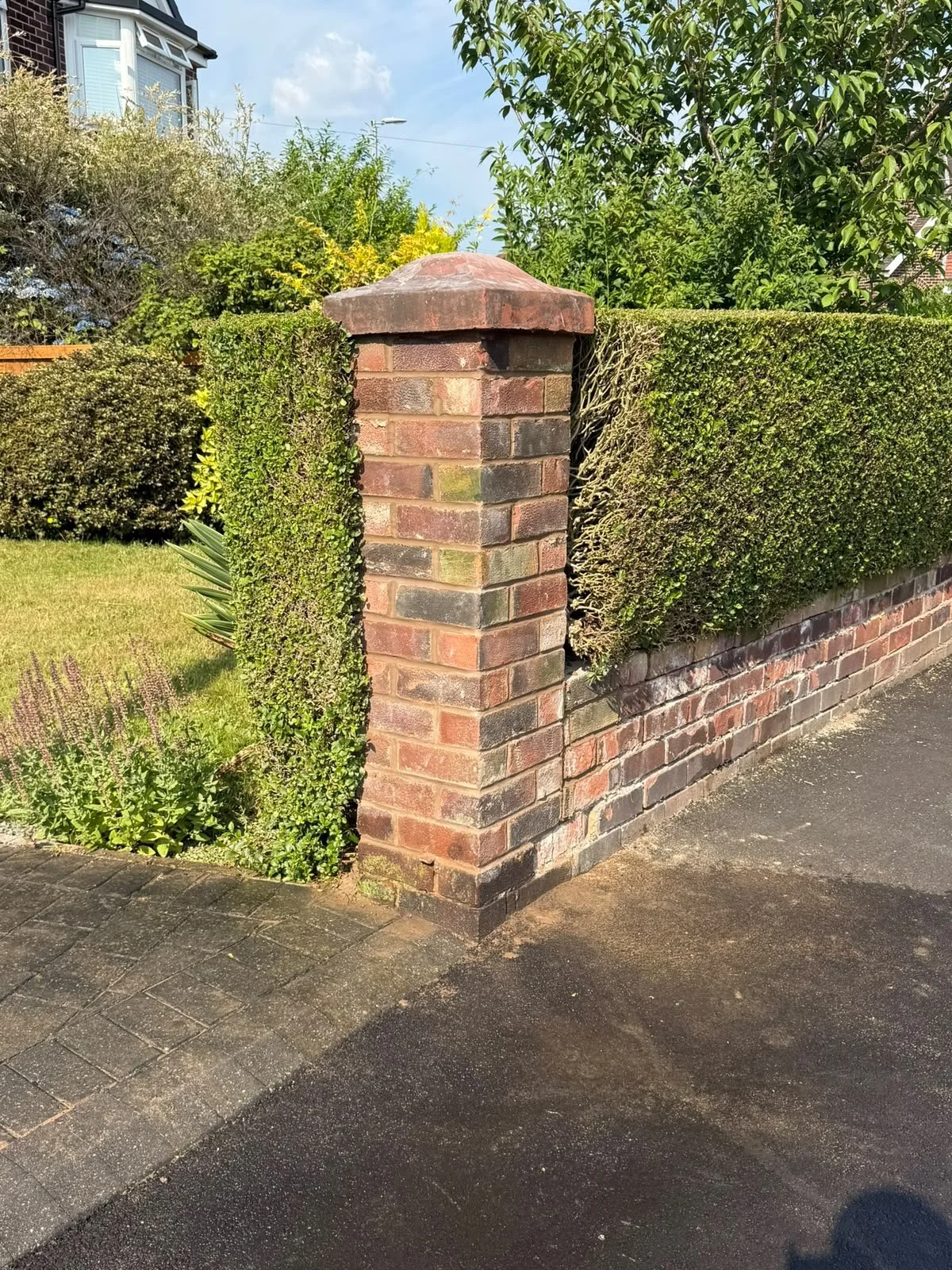 A brick wall with a prominent brick pillar, topped with a rounded brick cap, surrounds a garden with various green plants and bushes, next to a paved street.