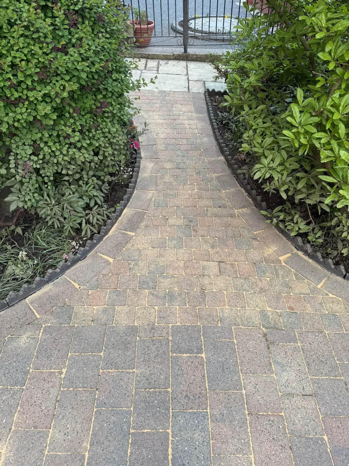Brick pathway leading to a gate with lush green bushes on both sides.