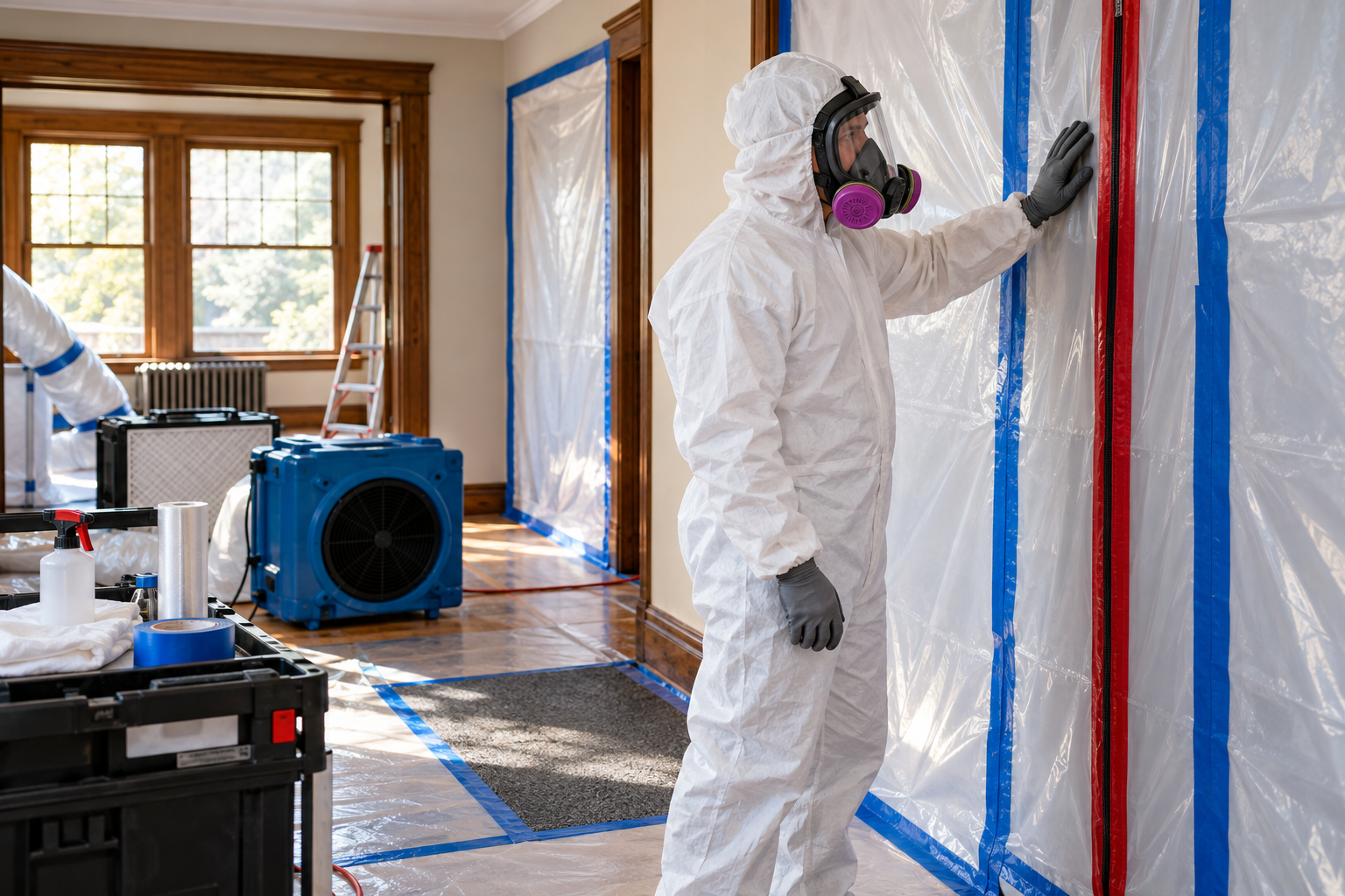 Illustration of an asbestos abatement technician checking plastic containment while wearing protective clothing and a full-face respirator