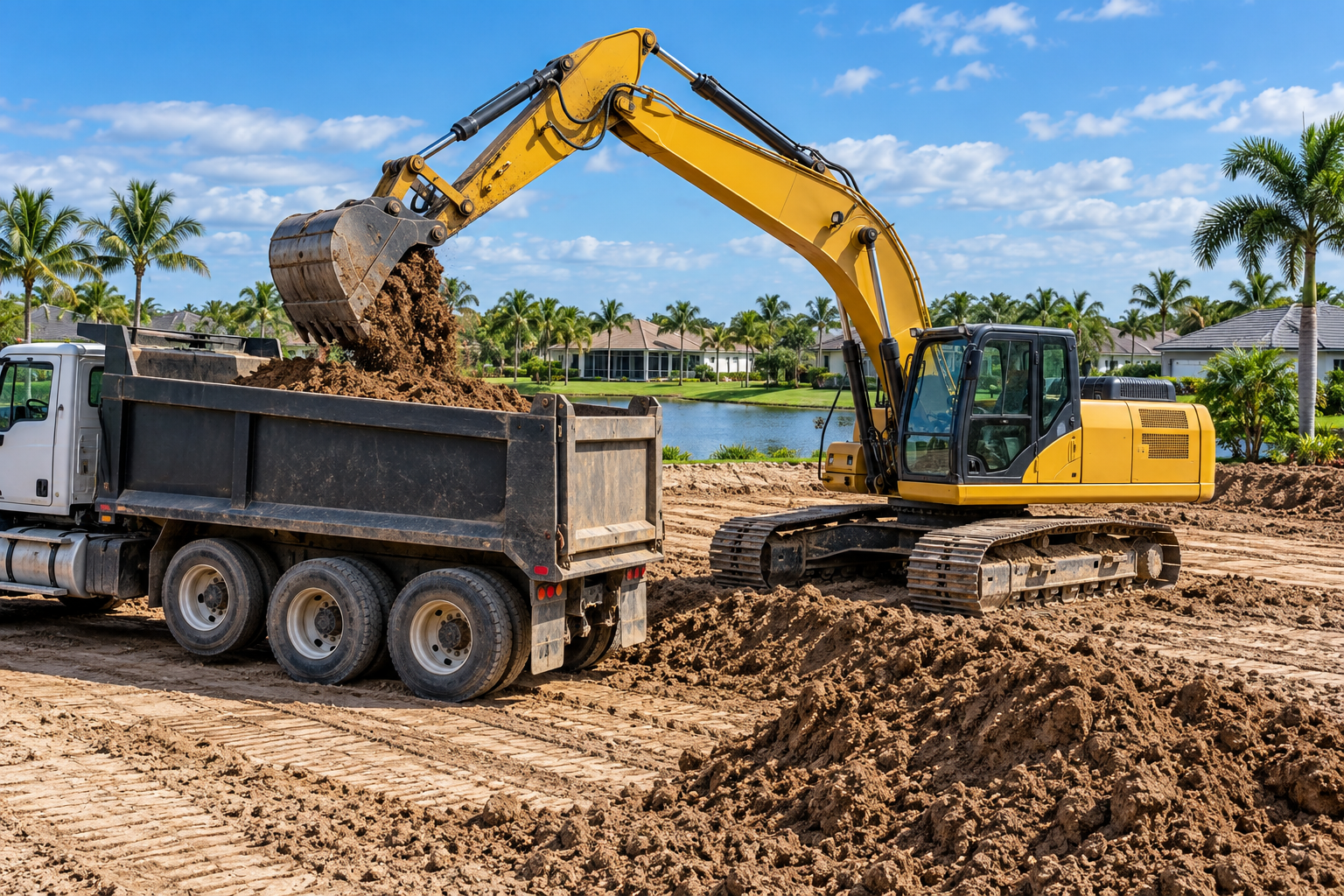 Illustration of an excavator loading soil into a dump truck at a Florida residential site