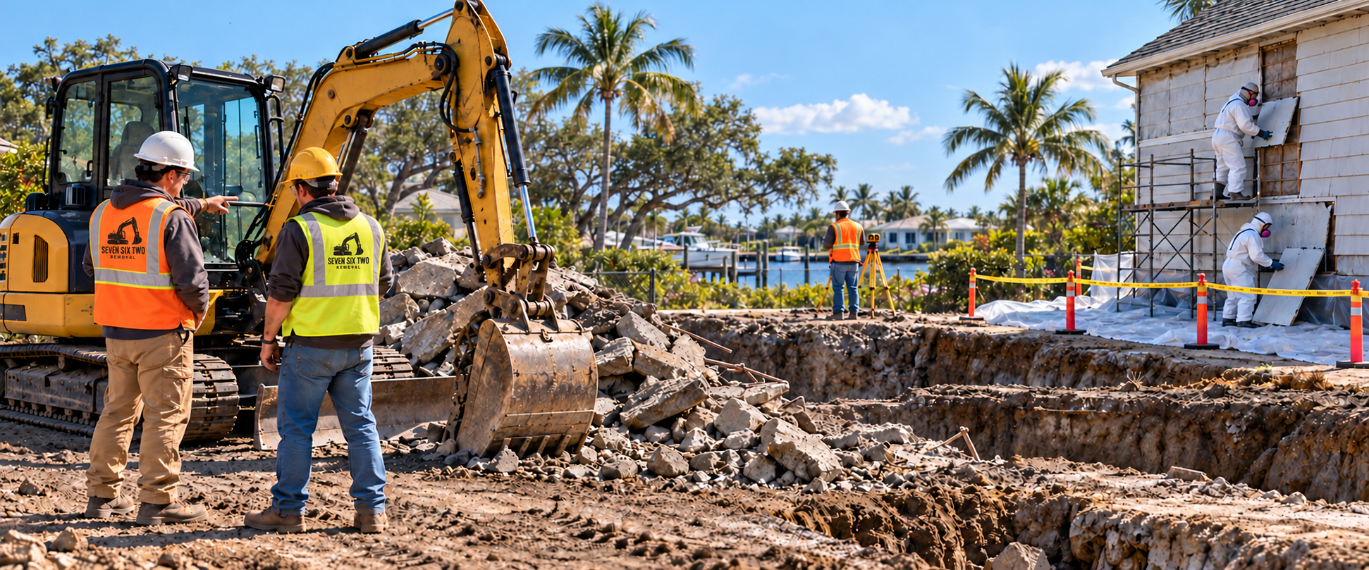 Illustrative Florida worksite with demolition and excavation crews and a separate asbestos siding removal area