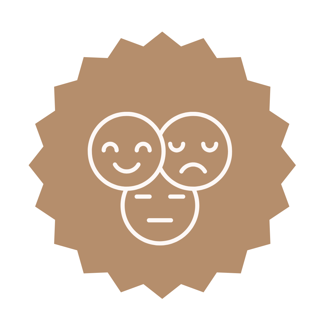 Simplified illustration of three faces showing different emotions: happy, sad, and neutral, inside a star-shaped brown background.