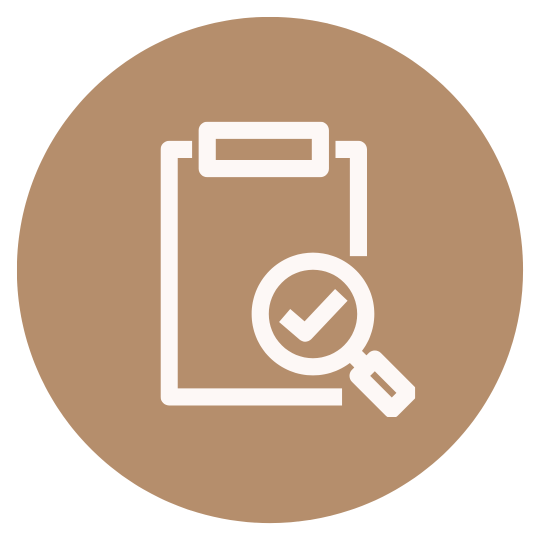 Icon of a clipboard with a magnifying glass and a check mark.