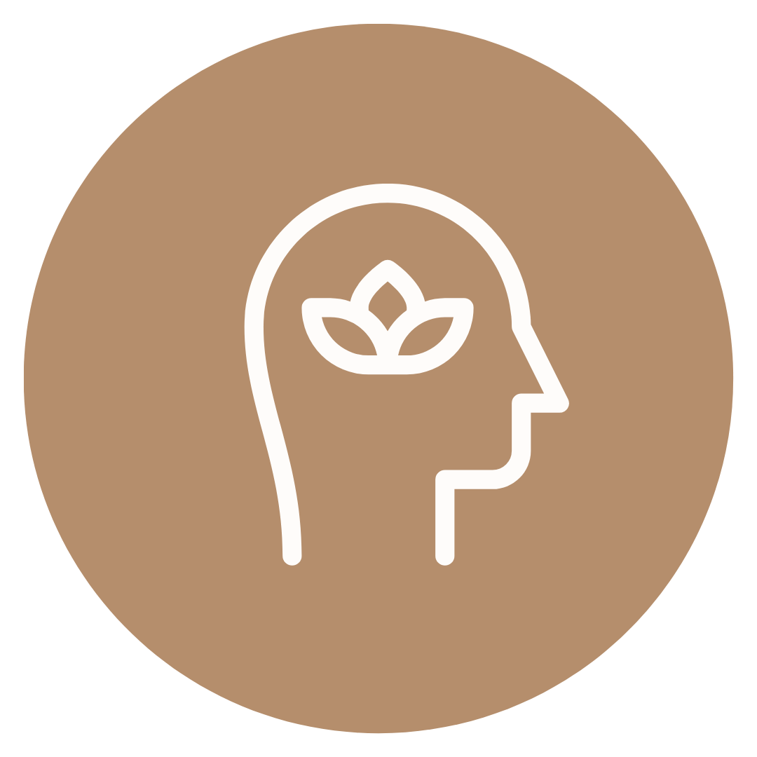 Outline of a person's profile with a lotus flower inside the head, on a brown circular background.