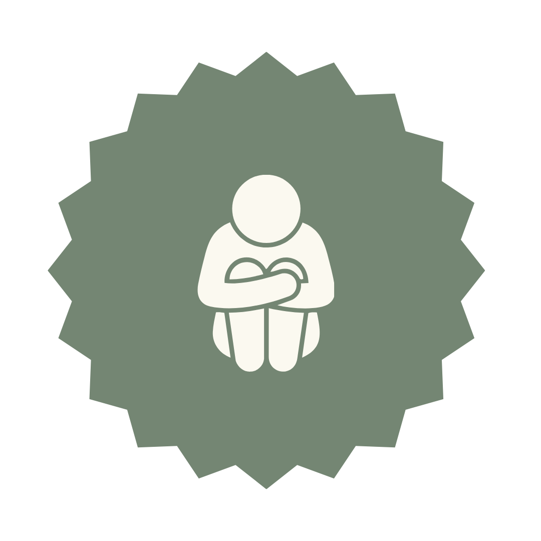 Simple icon of a person kneeling with their head bowed and arms crossed on their knees, on a dark starburst background.