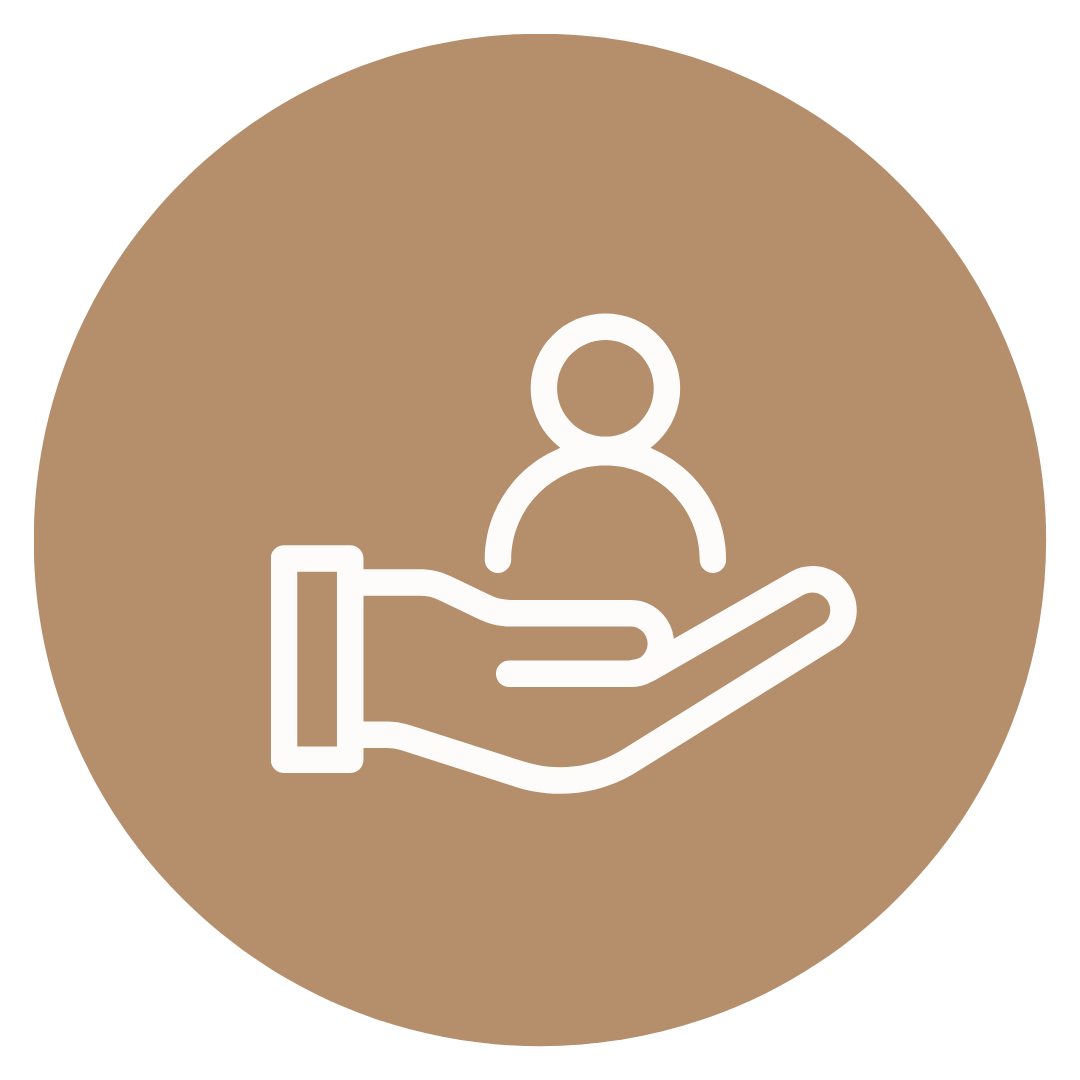 Icon of a person on a hand, symbolizing care or support.