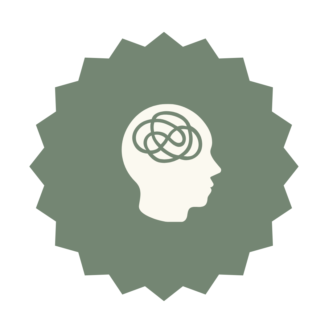 A stylized emblem featuring a silhouette of a human head with a tangled line inside the brain area, set against a dark green splatter background.