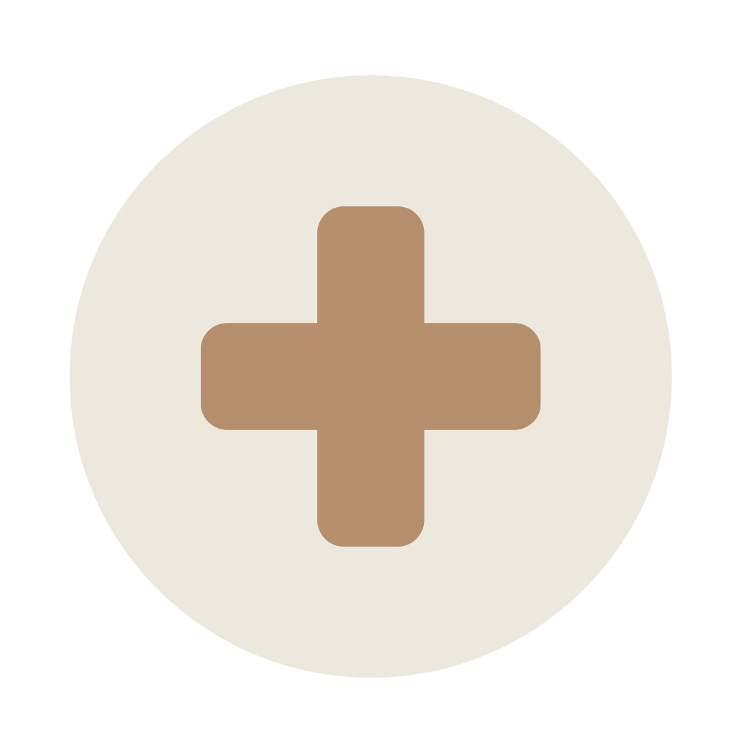 A medical cross symbol in brown on a white circular background.