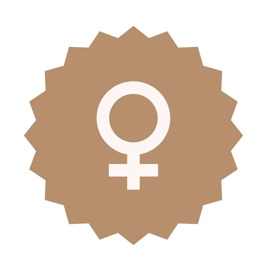 A beige badge with a white female gender symbol in the center.