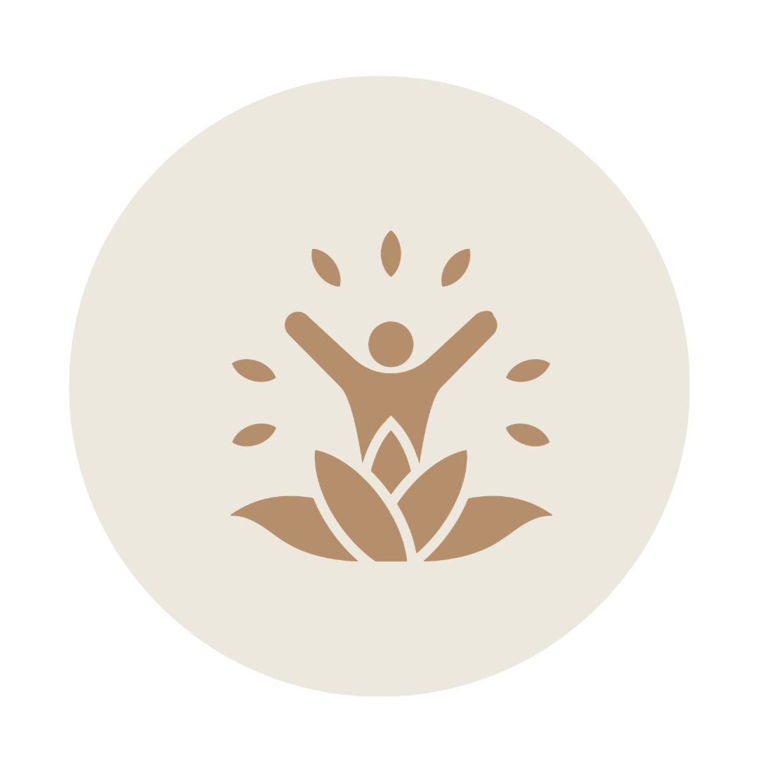 Minimalist logo featuring a stylized human figure with arms raised, emerging from a lotus flower with leaves, surrounded by small petal shapes.