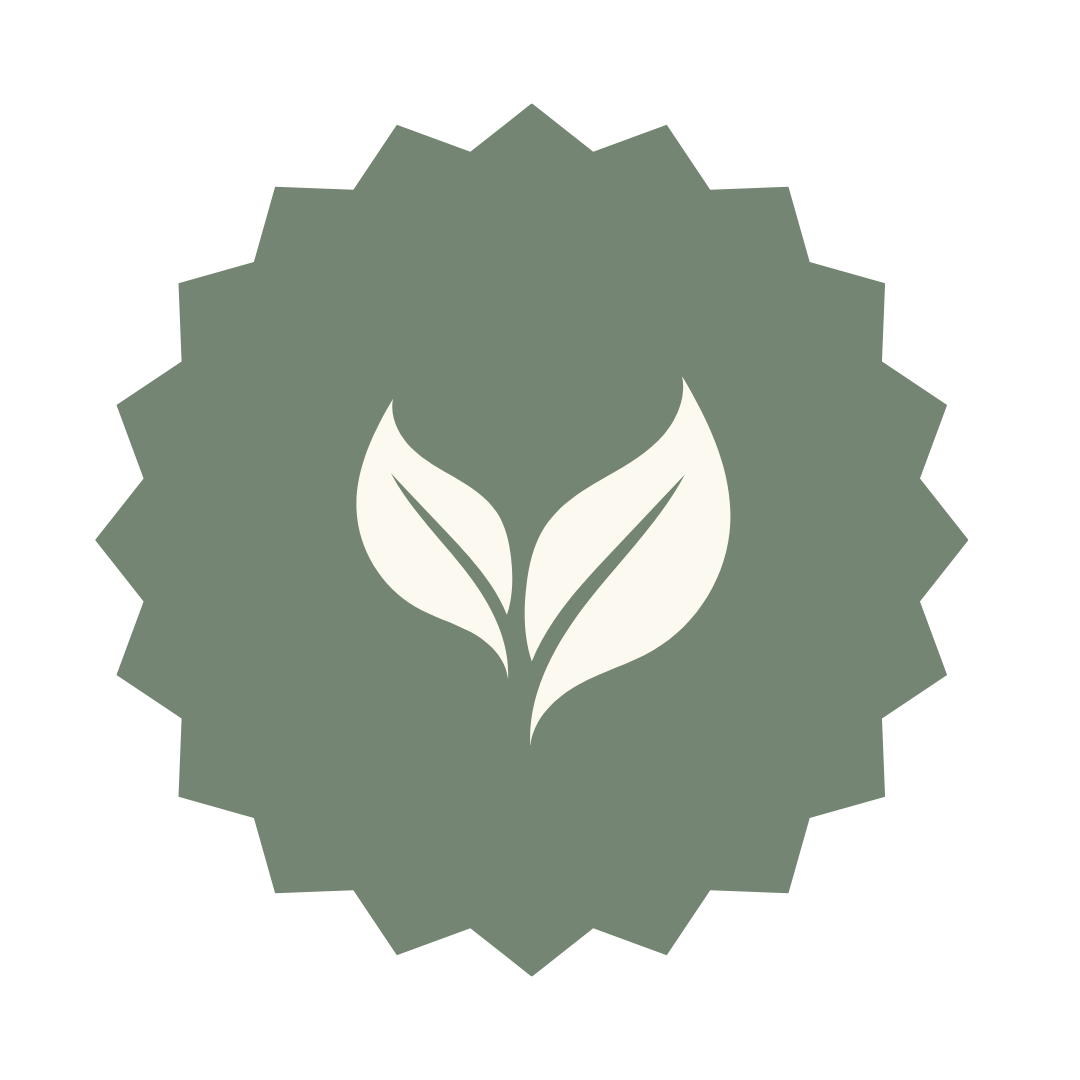 Eco-friendly badge with two white leaves inside a green starburst shape.